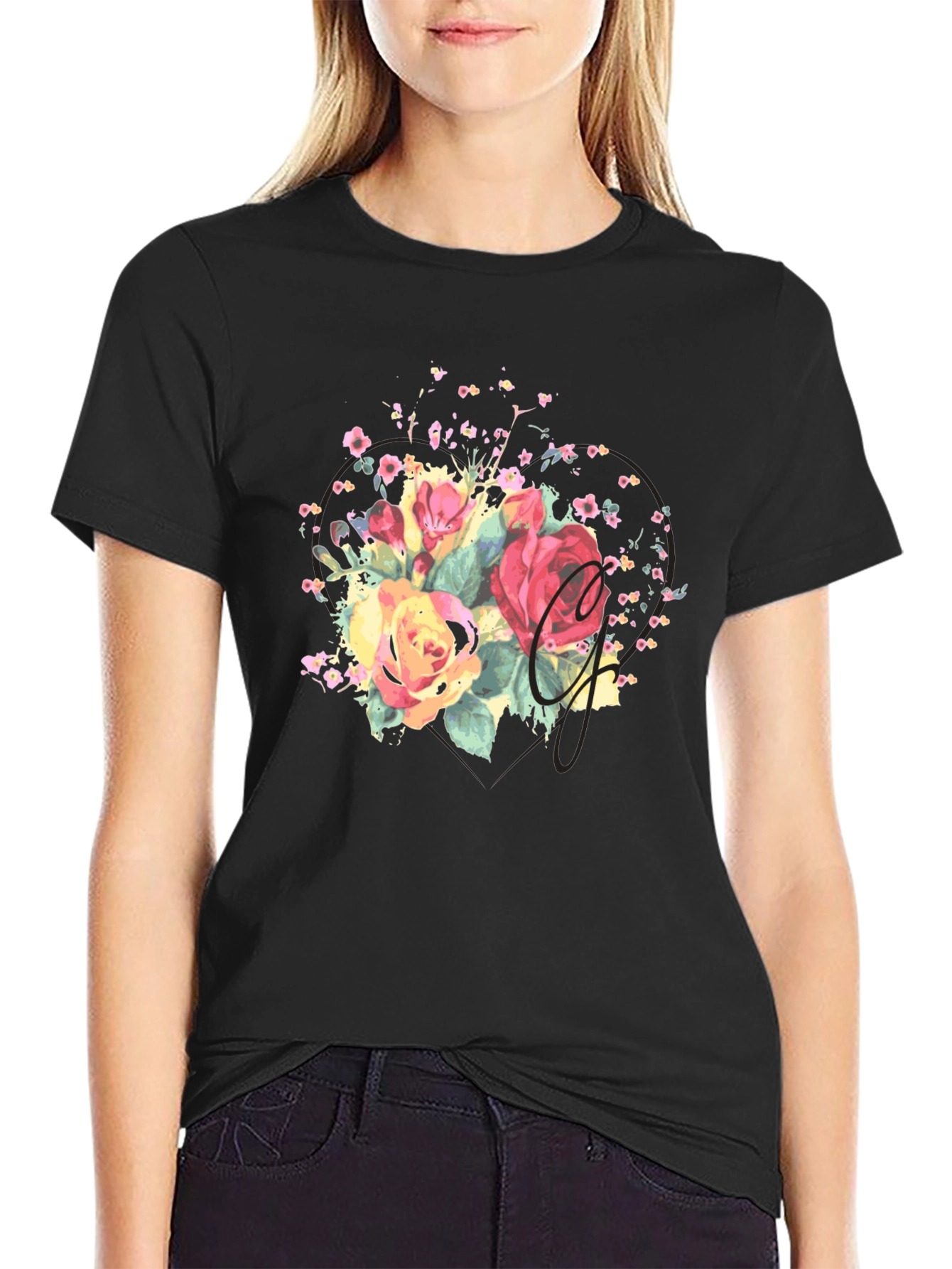 Camiseta Negra con Estampado Floral Acuarela