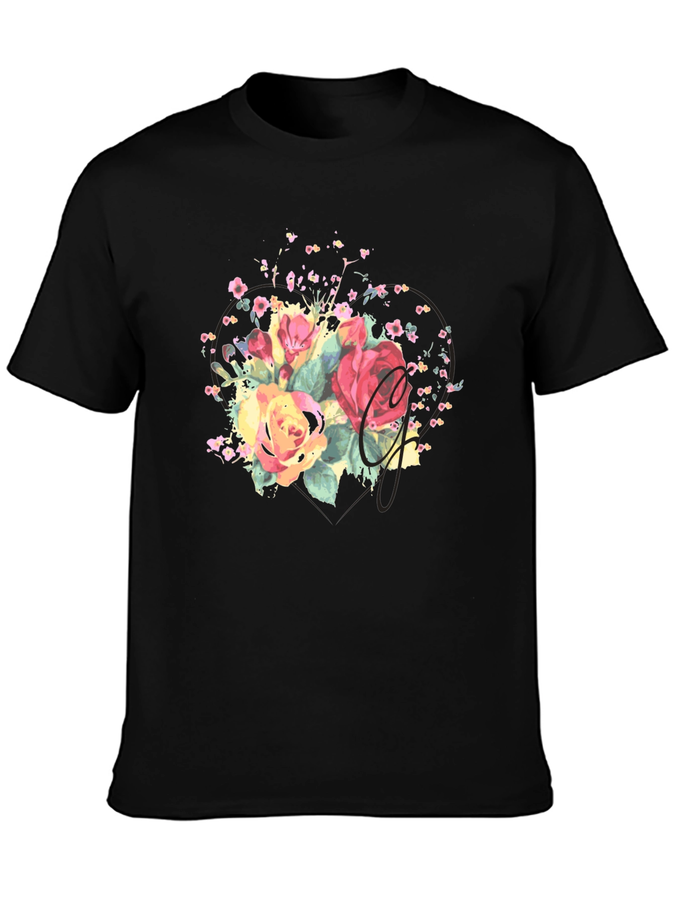 Camiseta Negra con Estampado Floral Acuarela