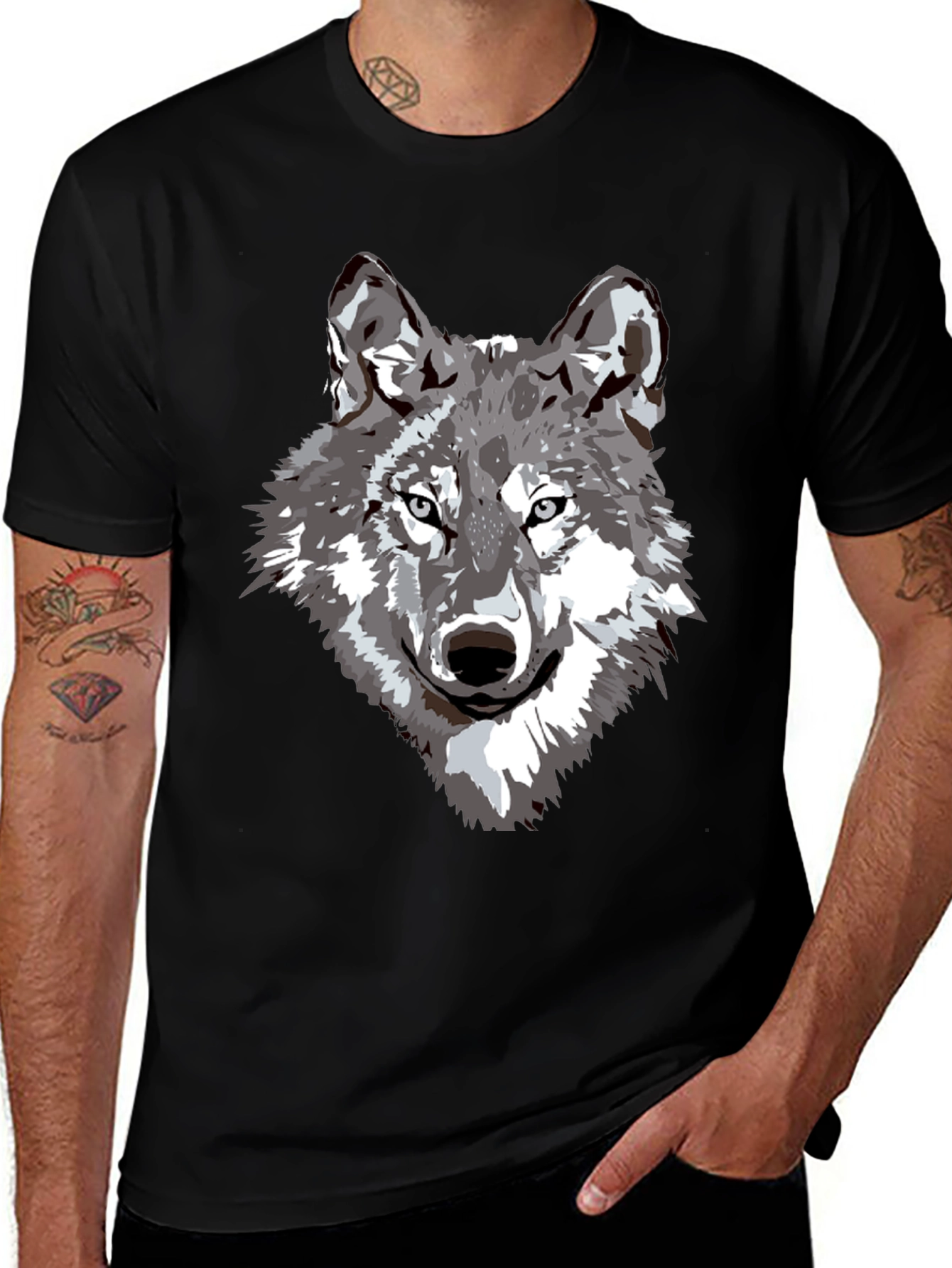 Camiseta Negra Hombre Diseño Lobo Gris