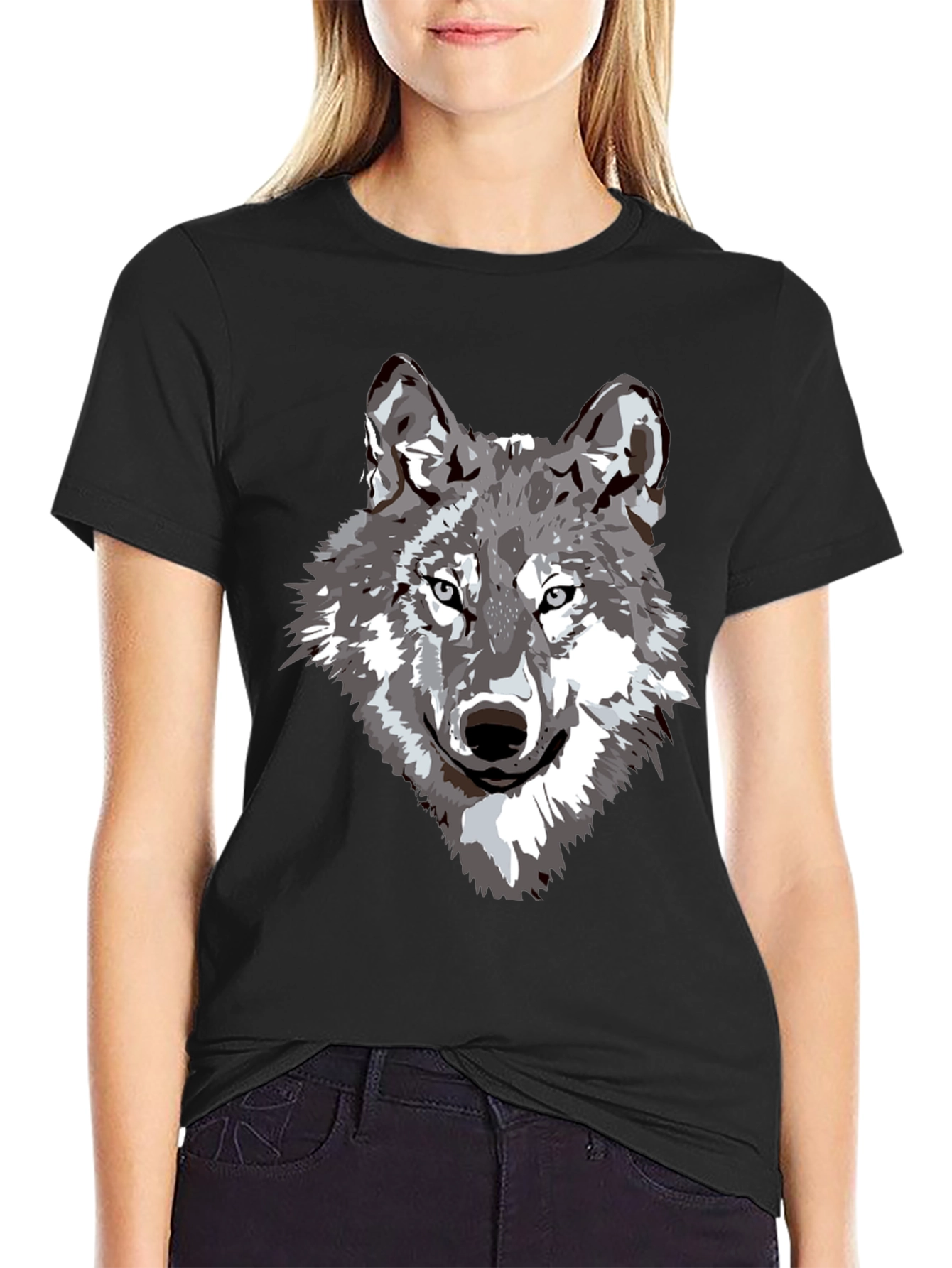 Camiseta Negra Hombre Diseño Lobo Gris