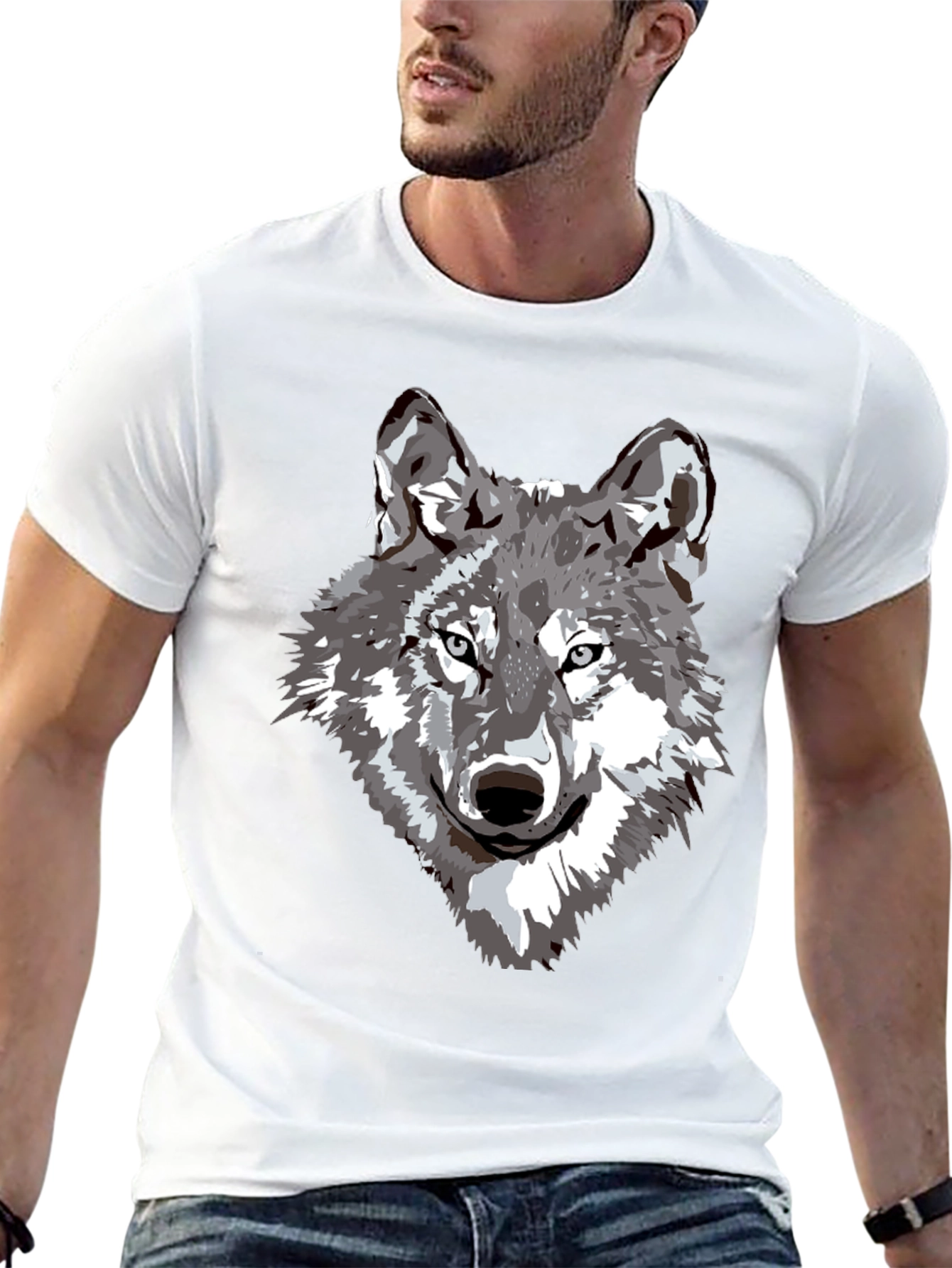 Camiseta Negra Hombre Diseño Lobo Gris