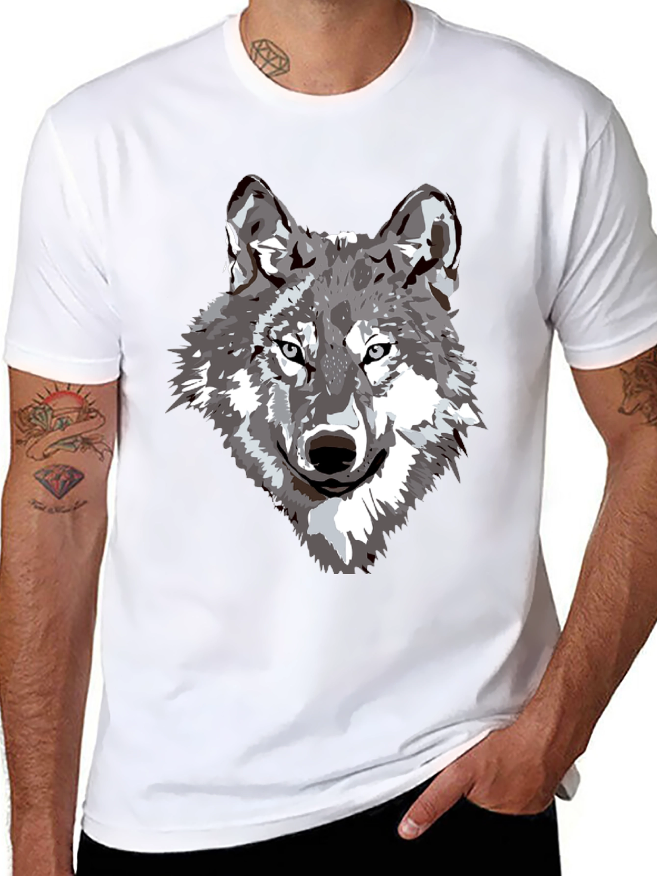 Camiseta Negra Hombre Diseño Lobo Gris