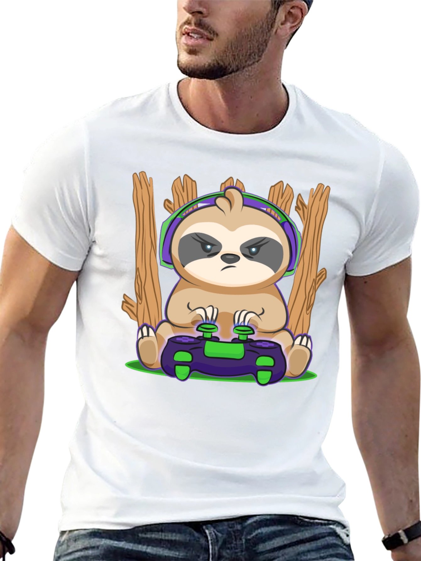 Camiseta Hombre con Diseño de Perezoso Gamer