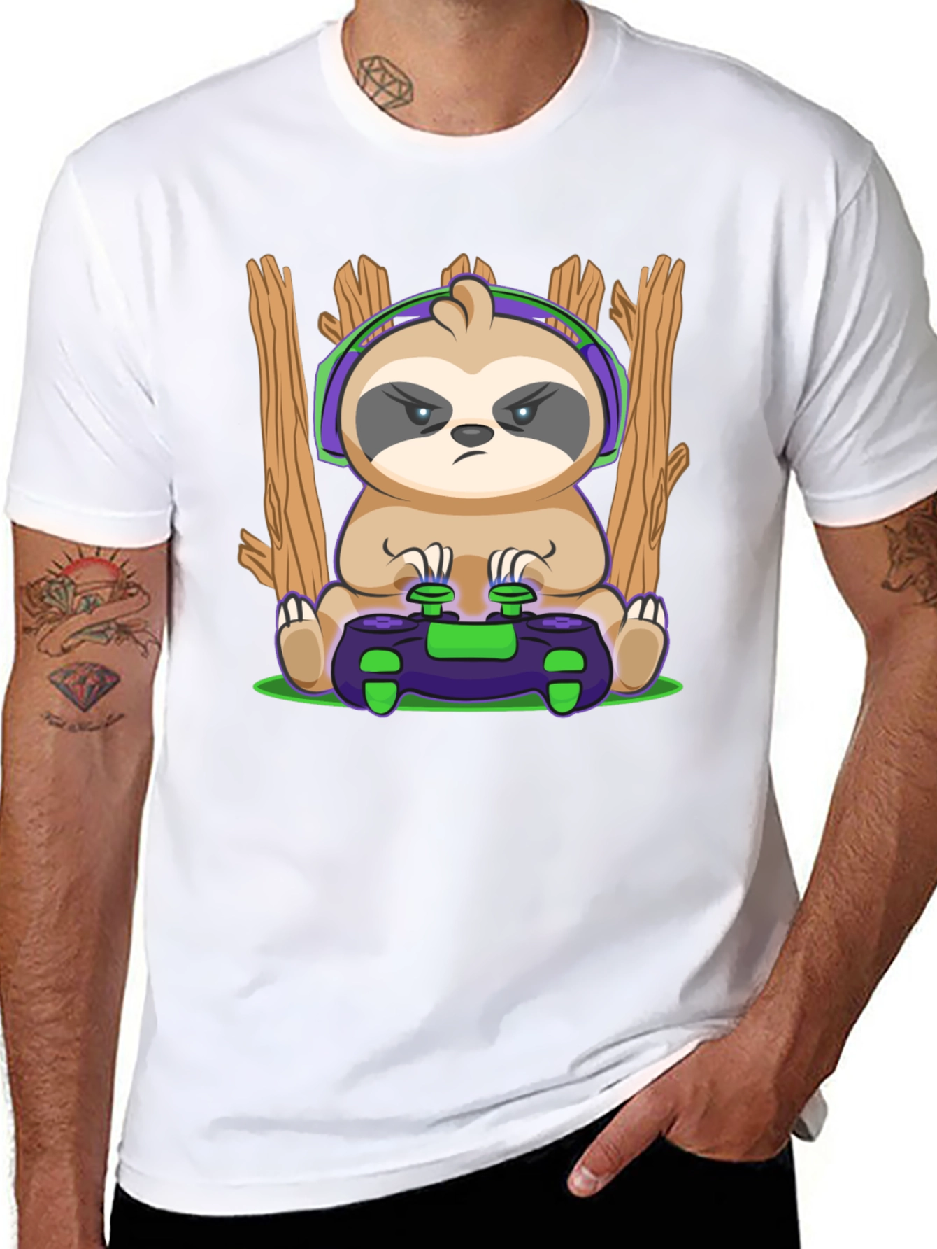 Camiseta Hombre con Diseño de Perezoso Gamer