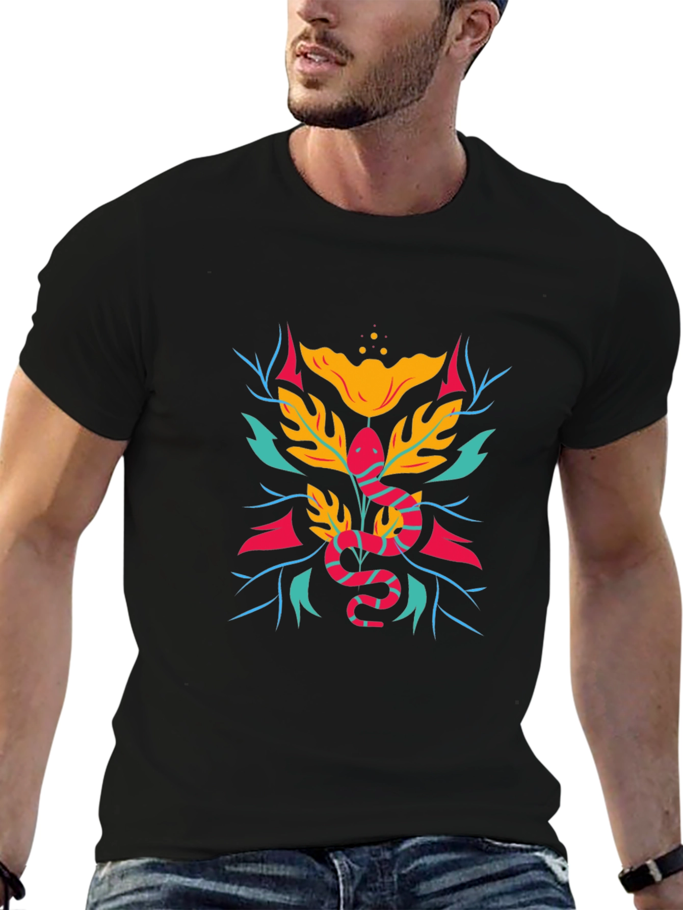Camiseta Negra con Diseño de Serpiente Floral