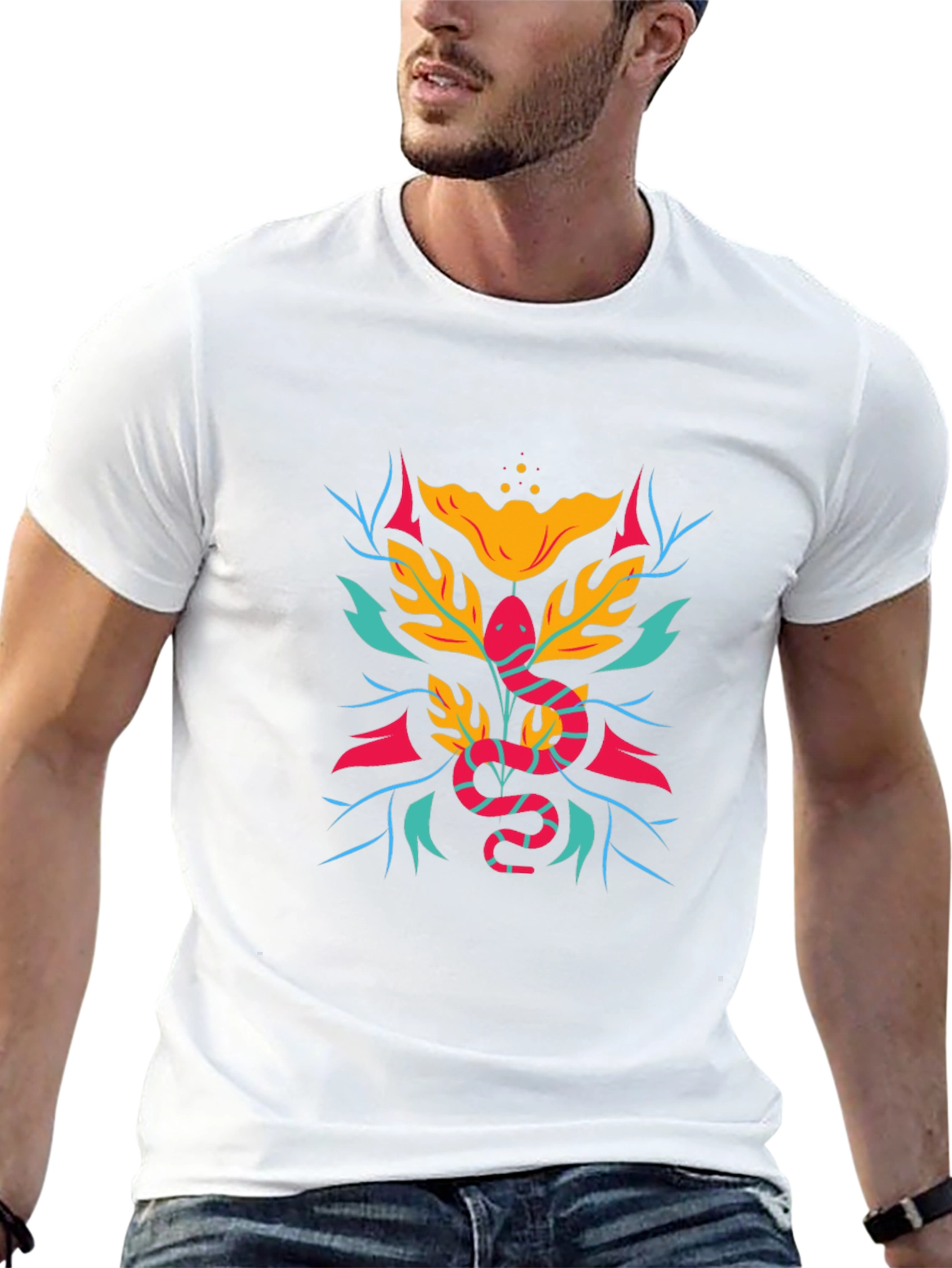 Camiseta Negra con Diseño de Serpiente Floral