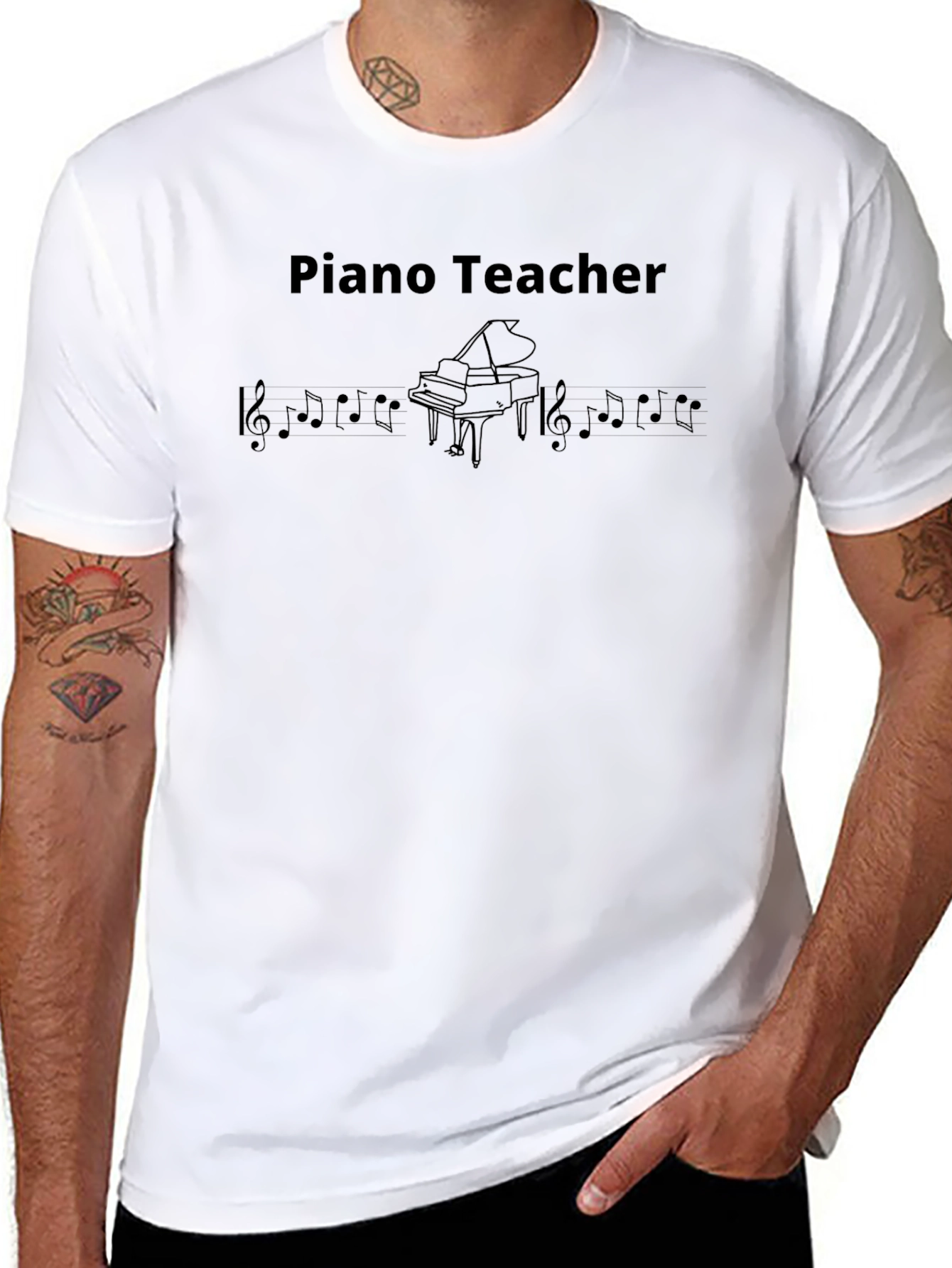 Camiseta Negra Profesor de Piano con Notas Musicales