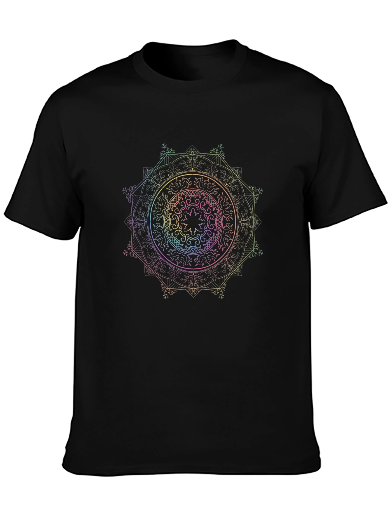 Camiseta Negra Mandala Arcoíris Diseño Único