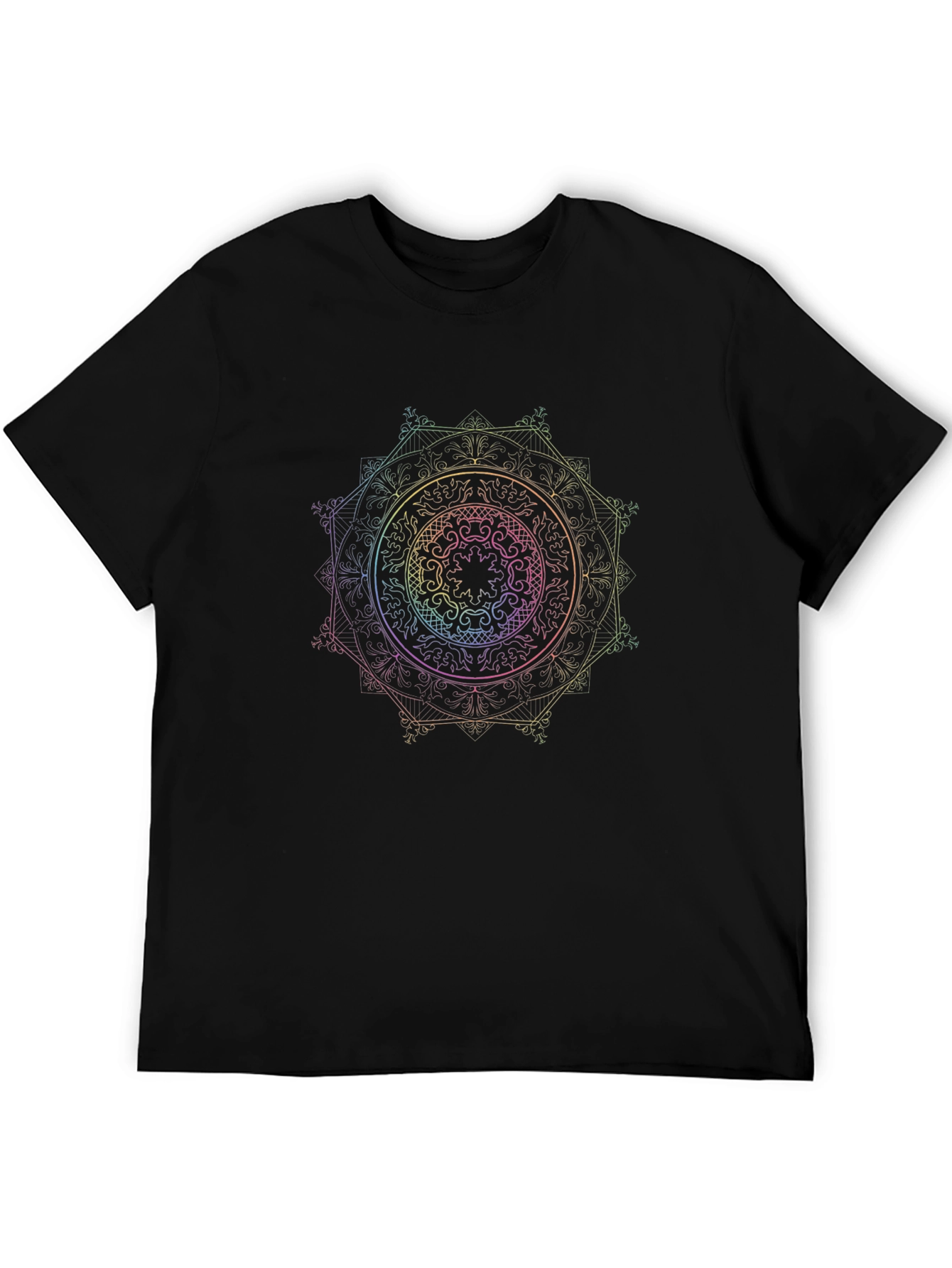 Camiseta Negra Mandala Arcoíris Diseño Único