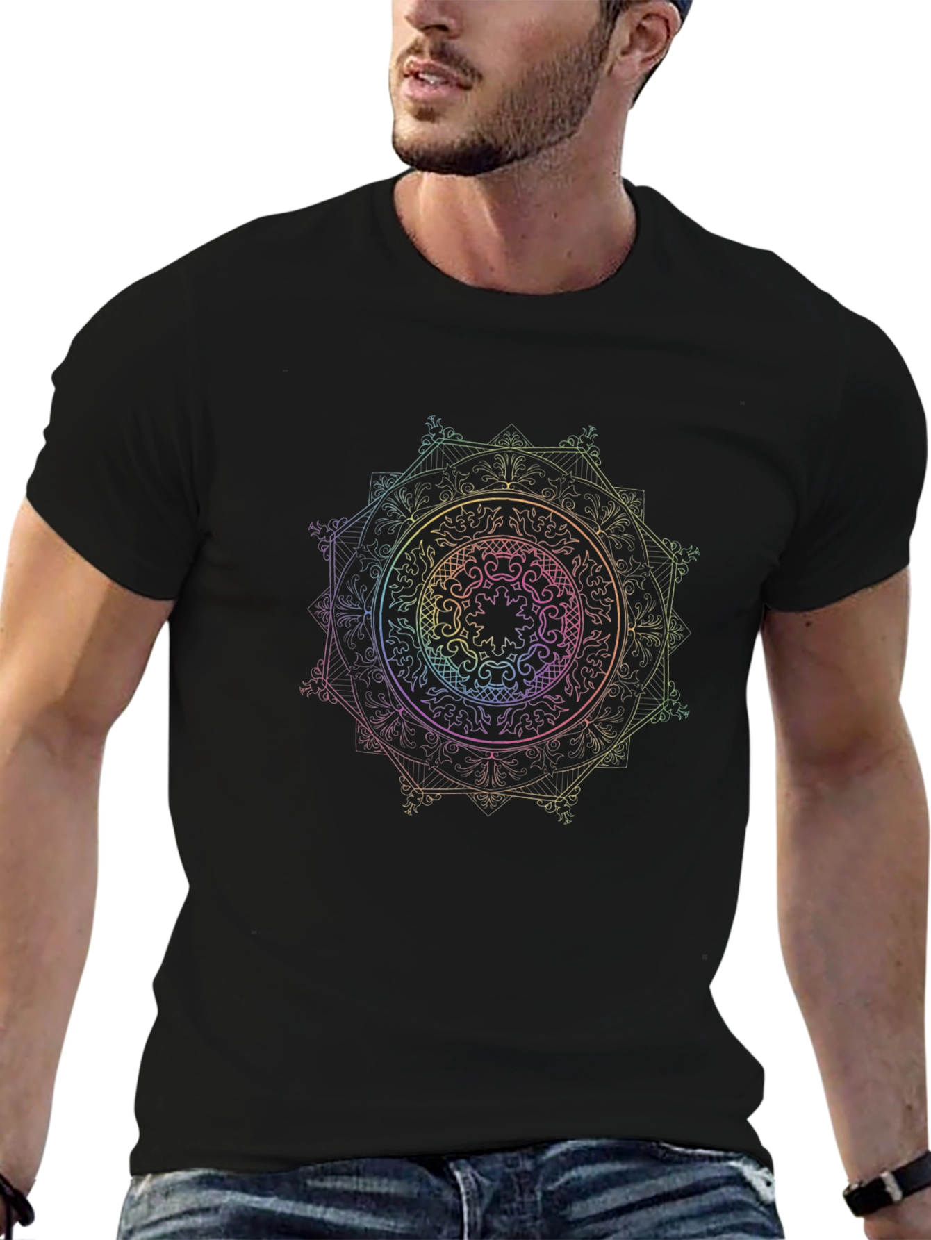Camiseta Negra Mandala Arcoíris Diseño Único