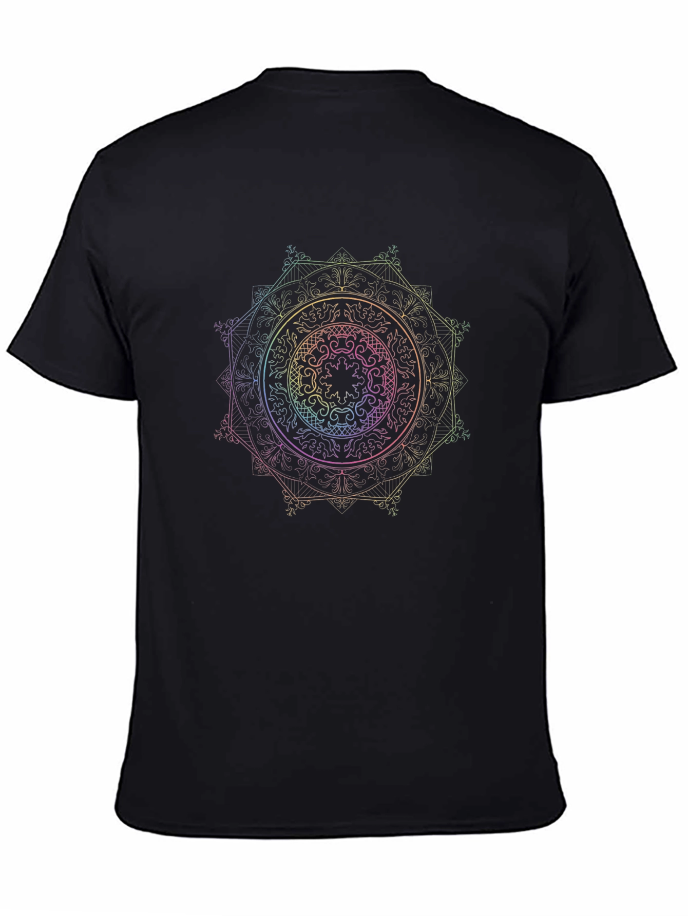 Camiseta Negra Mandala Arcoíris Diseño Único