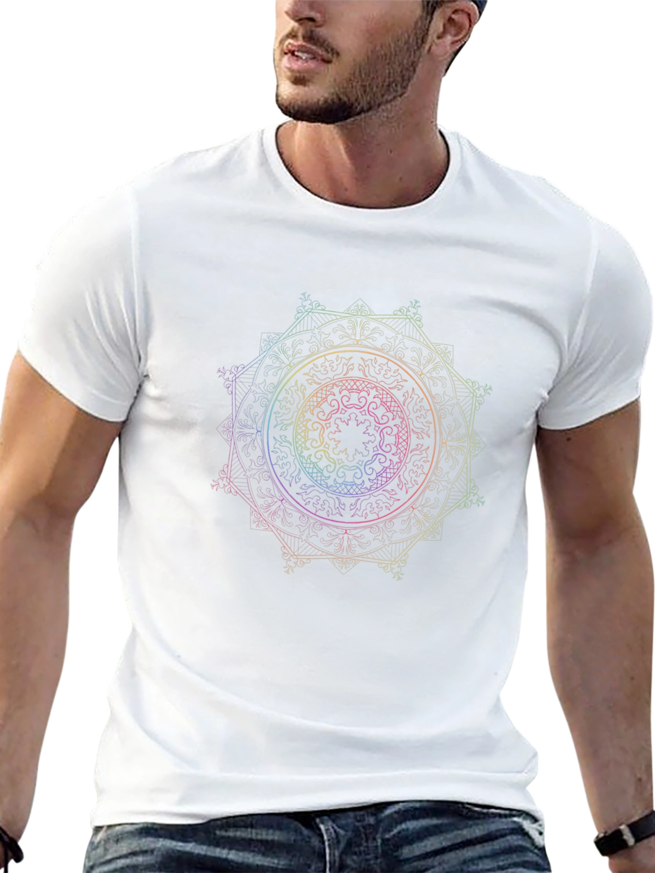 Camiseta Negra Mandala Arcoíris Diseño Único
