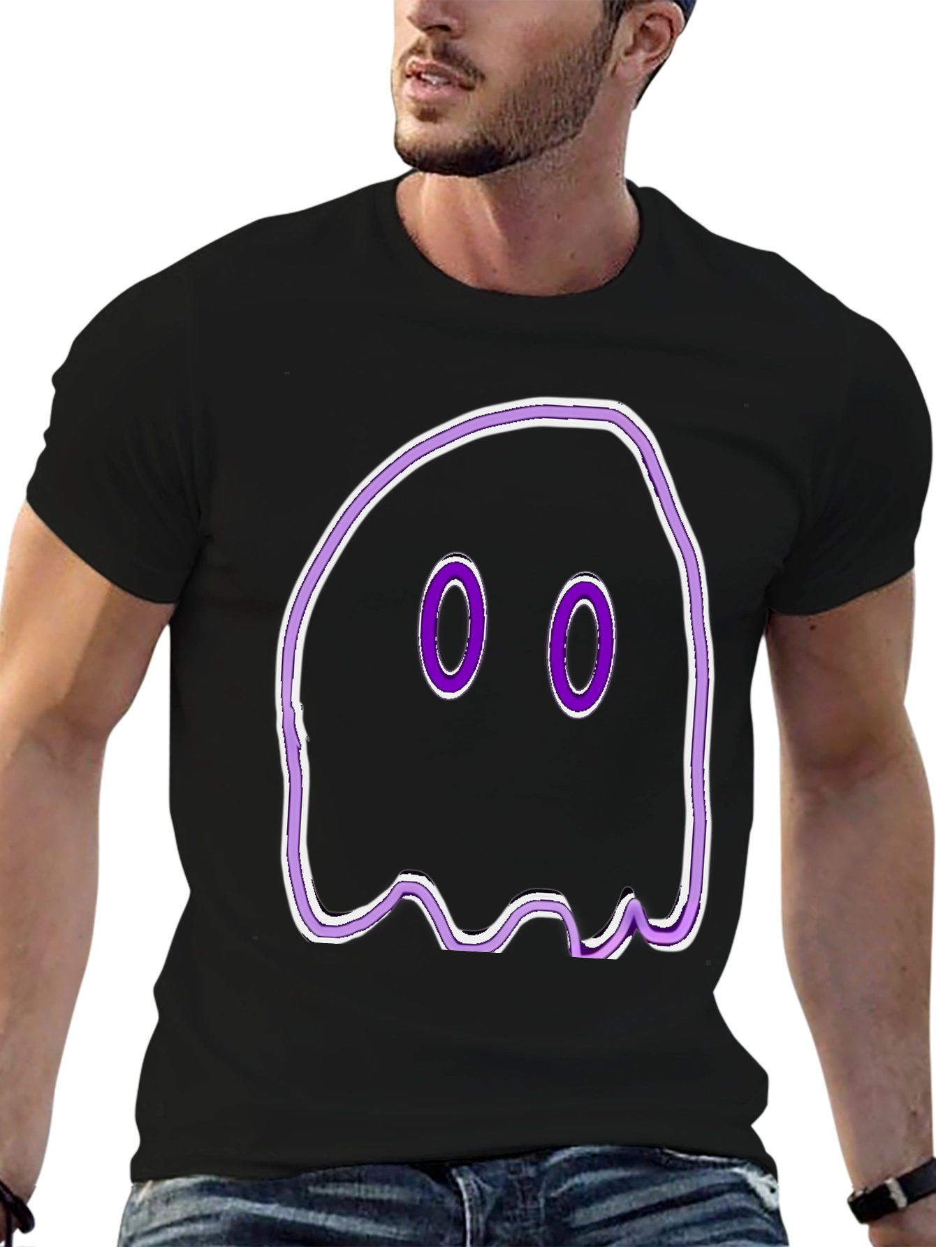 Camiseta Negra con Diseño de Fantasma Morado