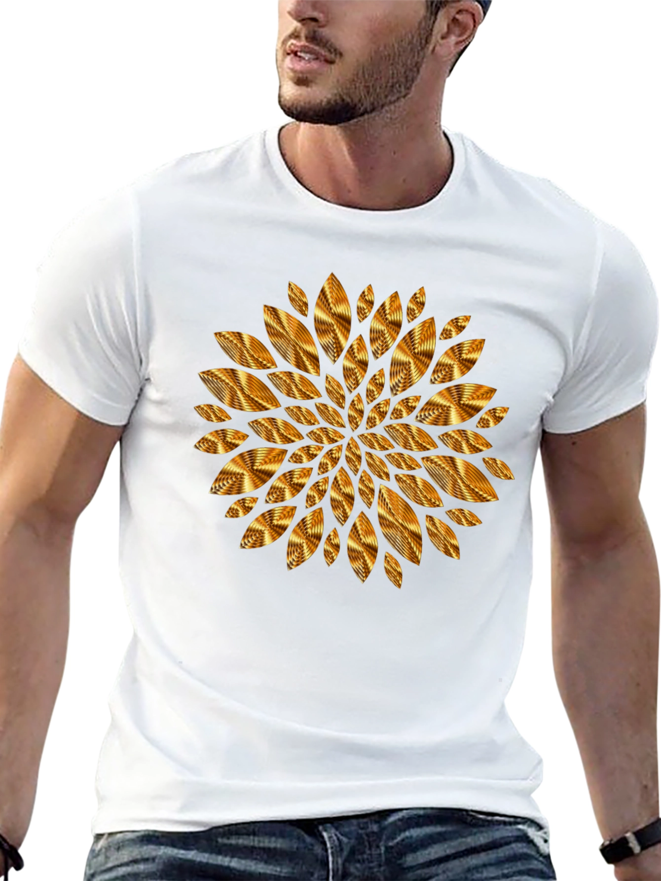 Camiseta Negra con Diseño Floral Dorado