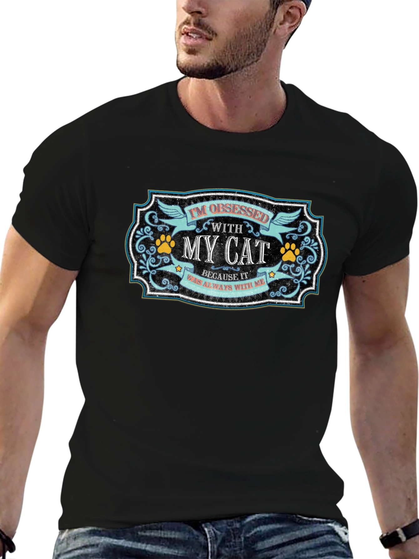Camiseta Negra Obsesionado con Mi Gato