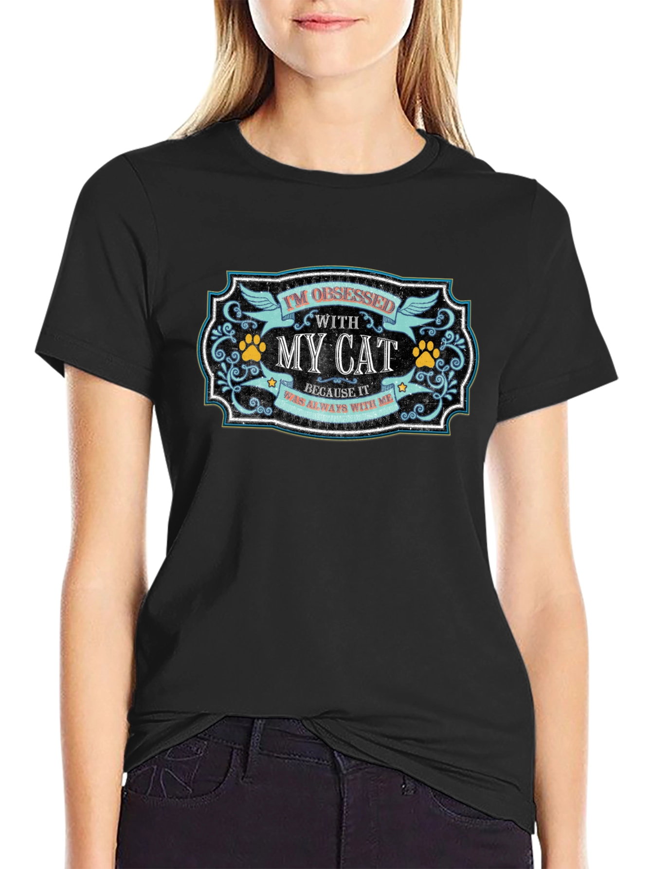 Camiseta Negra Obsesionado con Mi Gato