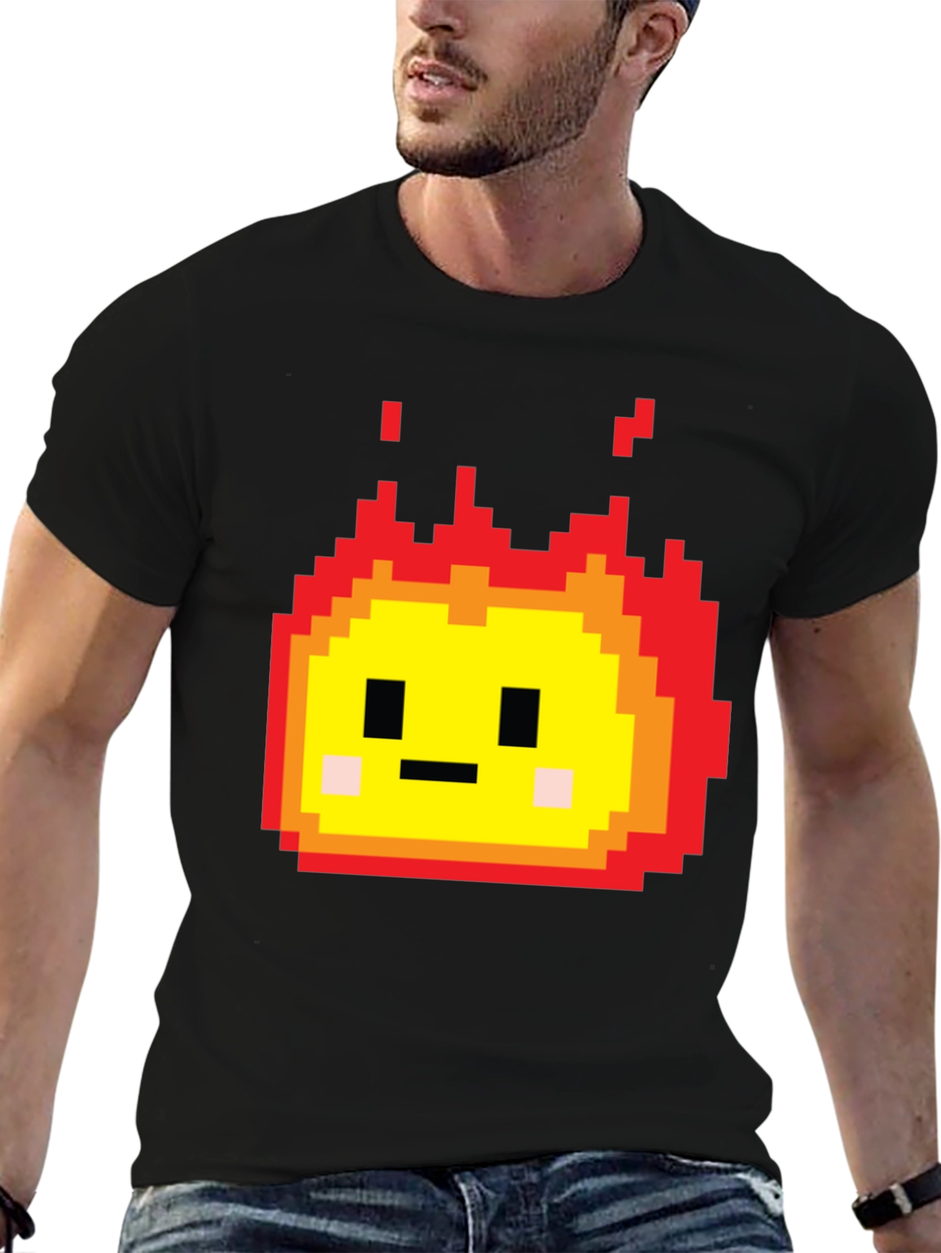 Camiseta Negra con Diseño Pixel de Fuego