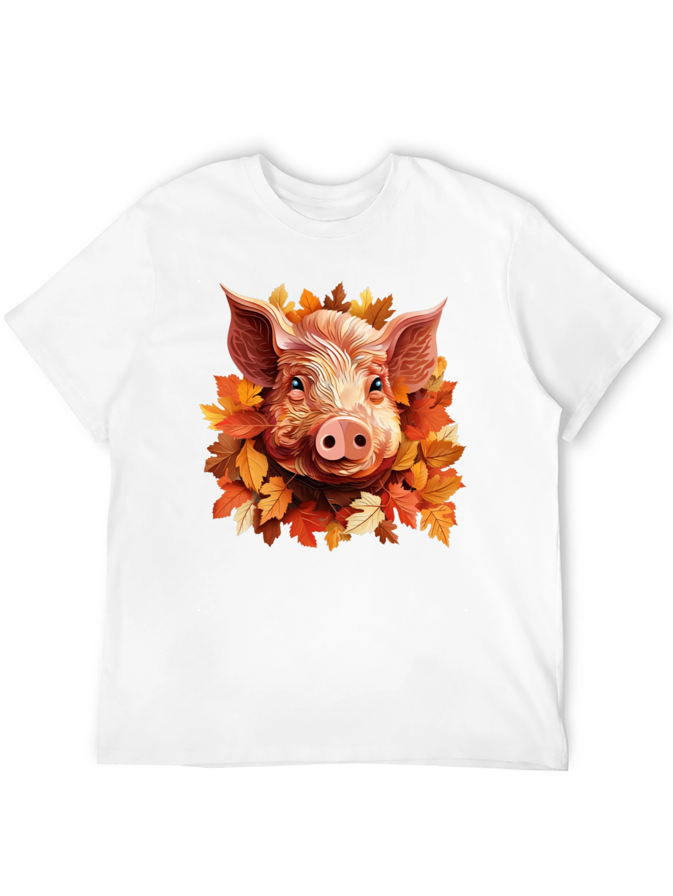 Camiseta Negra con Diseño de Cerdo y Hojas Otoñales