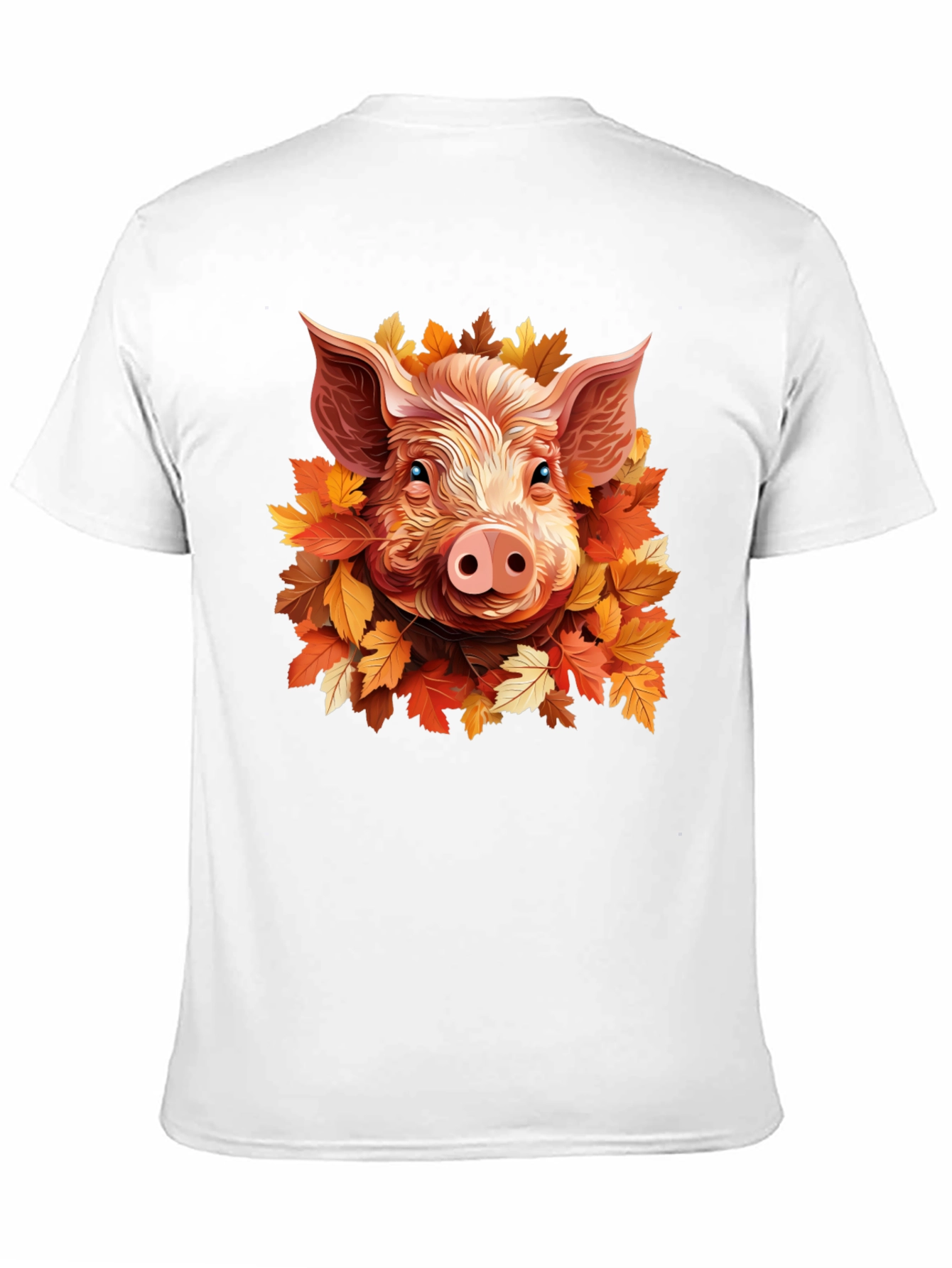 Camiseta Negra con Diseño de Cerdo y Hojas Otoñales