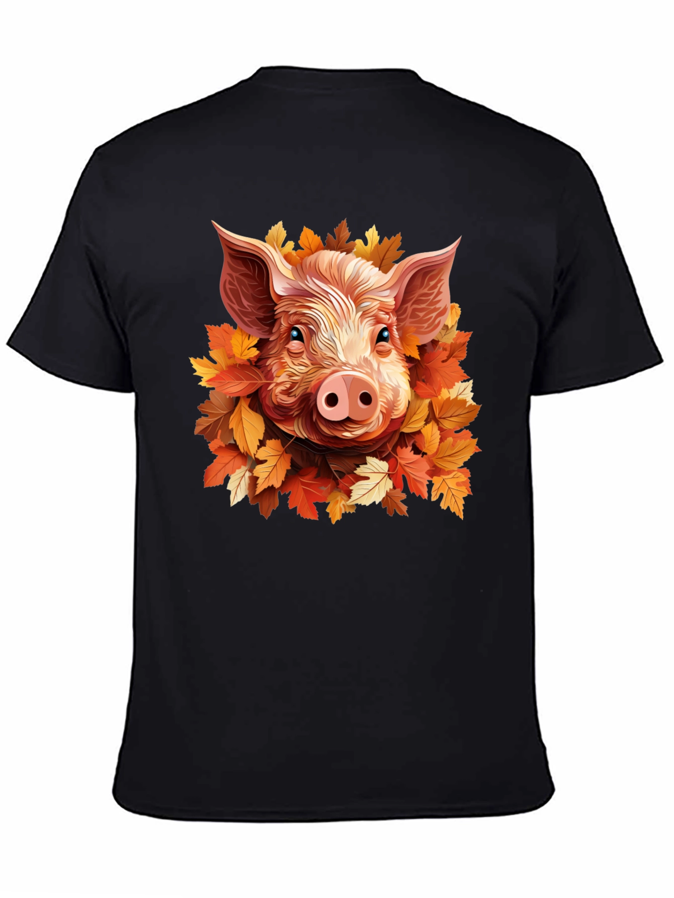 Camiseta Negra con Diseño de Cerdo y Hojas Otoñales