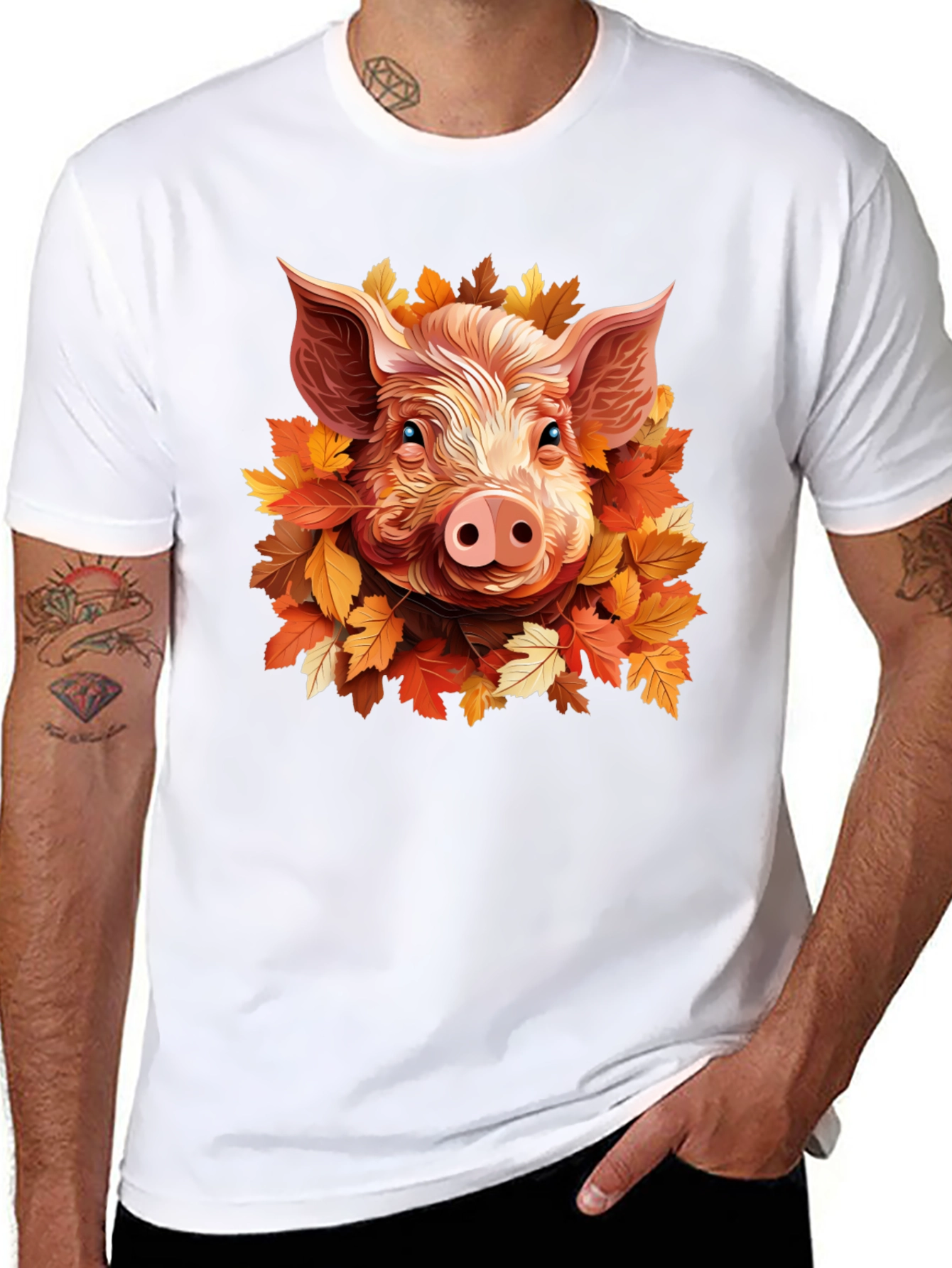 Camiseta Negra con Diseño de Cerdo y Hojas Otoñales