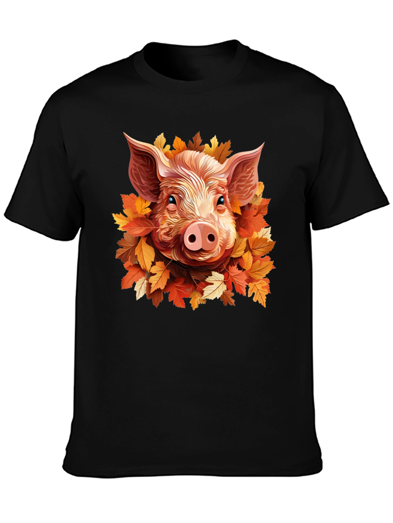 Camiseta Negra con Diseño de Cerdo y Hojas Otoñales