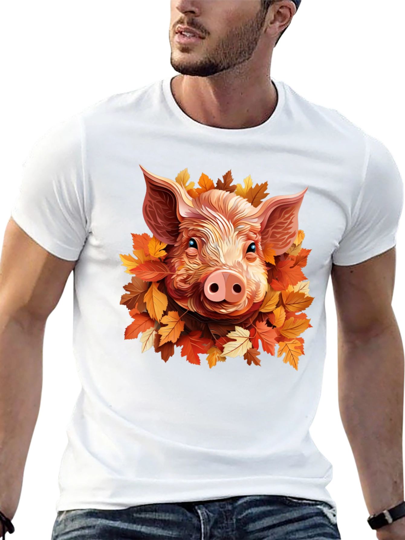 Camiseta Negra con Diseño de Cerdo y Hojas Otoñales