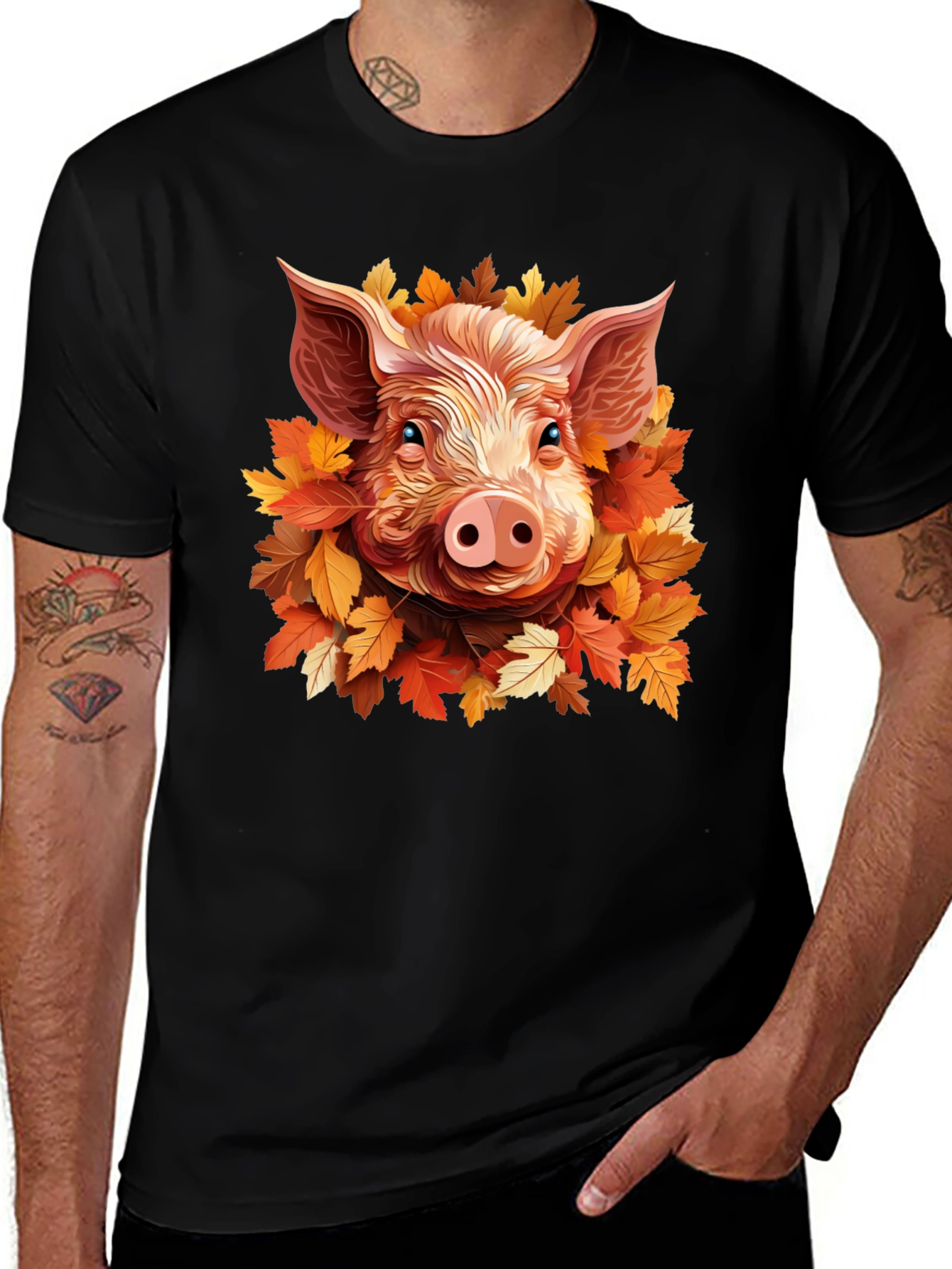 Camiseta Negra con Diseño de Cerdo y Hojas Otoñales