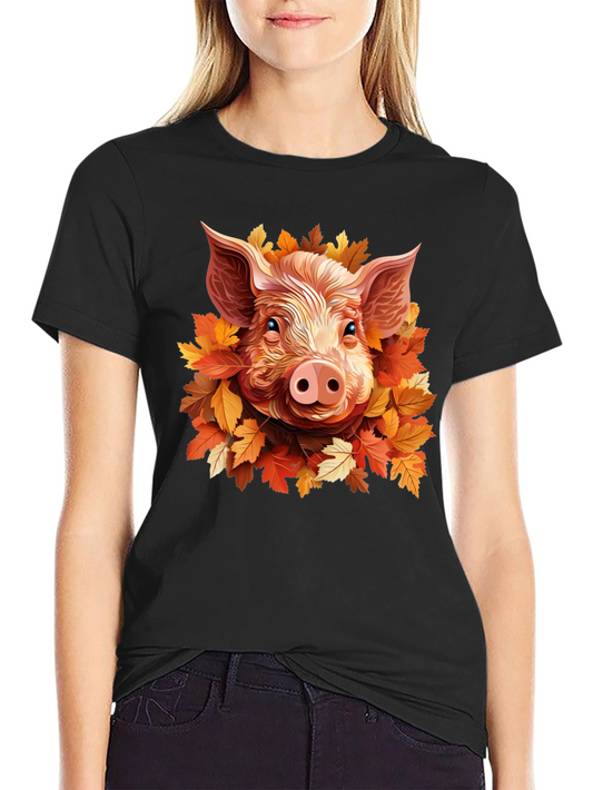 Camiseta Negra con Diseño de Cerdo y Hojas Otoñales