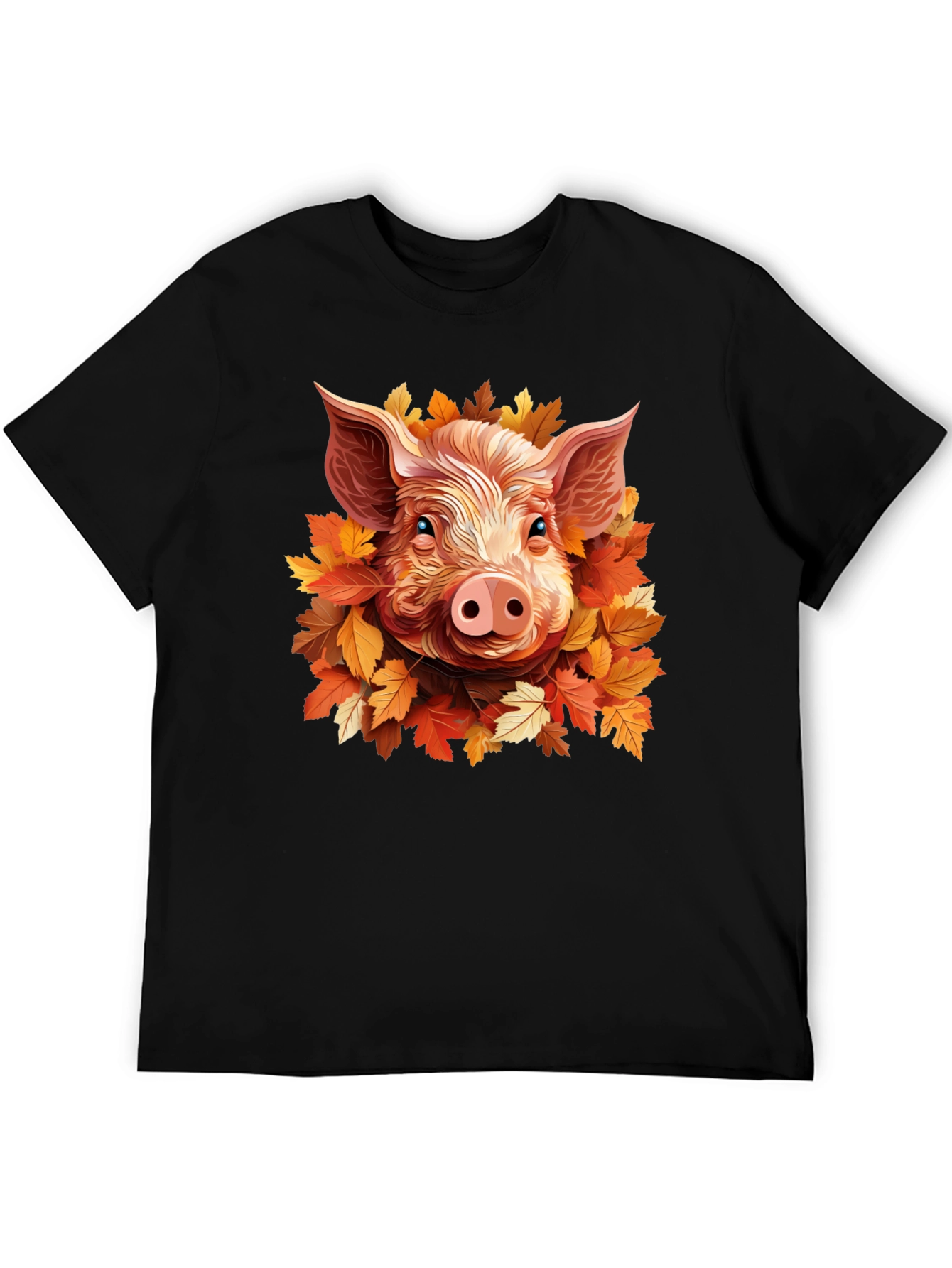 Camiseta Negra con Diseño de Cerdo y Hojas Otoñales
