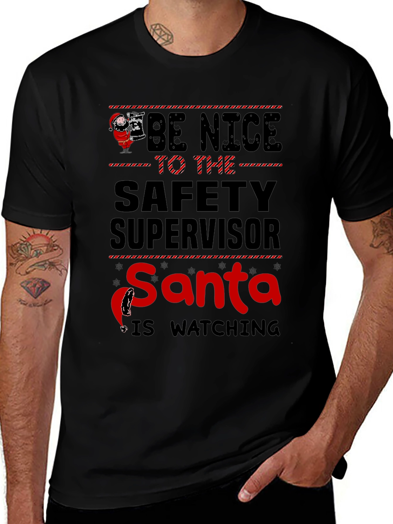 Camiseta Negra con Diseño Navideño de Seguridad