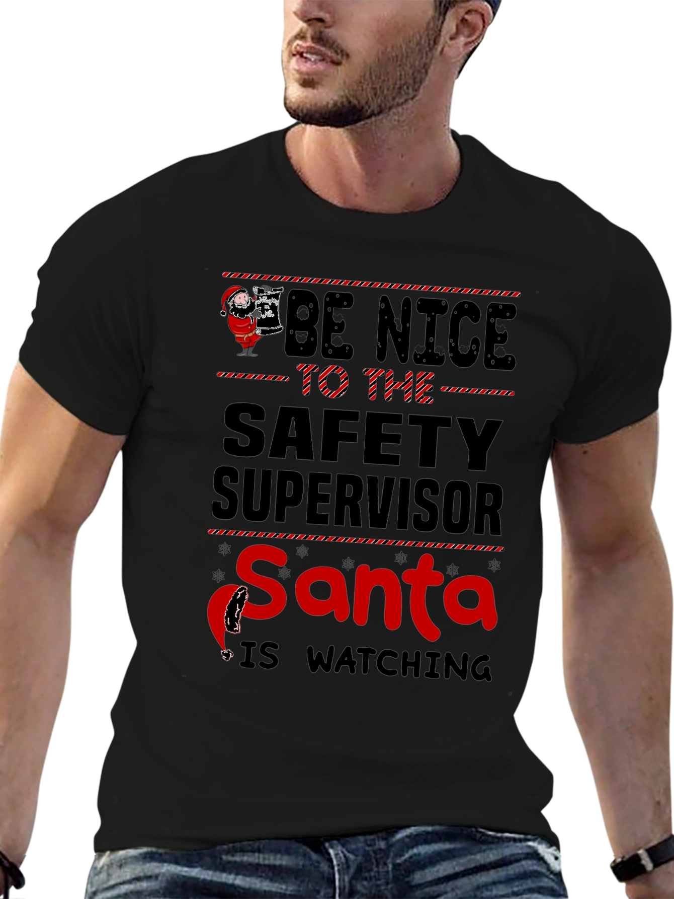Camiseta Negra con Diseño Navideño de Seguridad