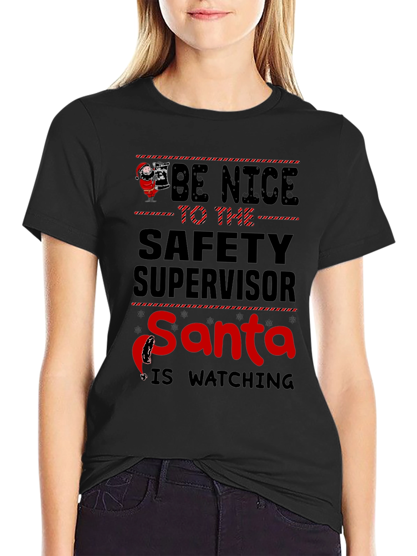 Camiseta Negra con Diseño Navideño de Seguridad
