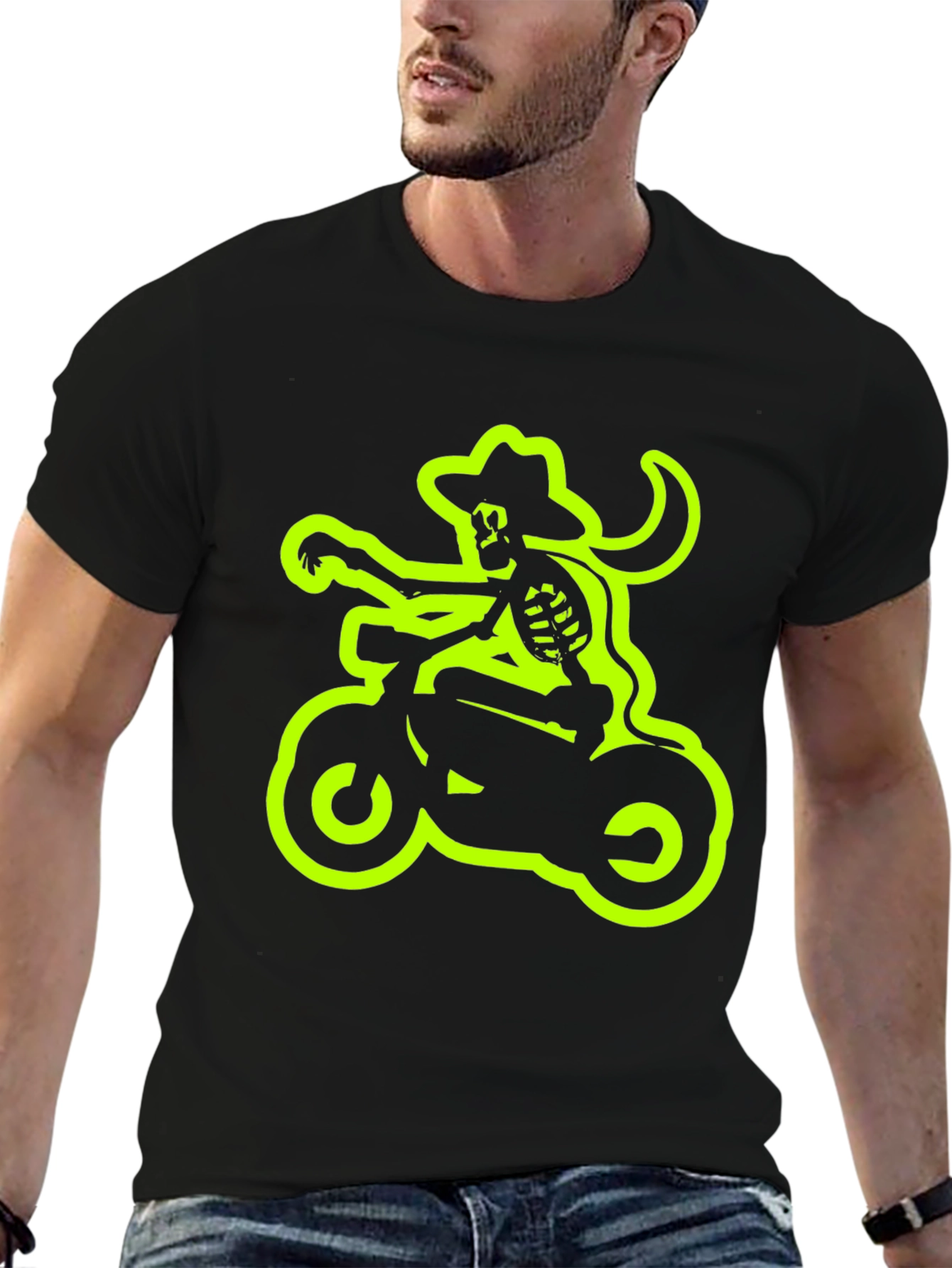 Camiseta Negra con Esqueleto Motero Neón