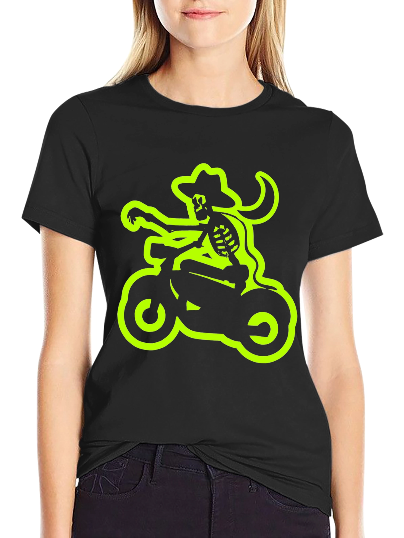 Camiseta Negra con Esqueleto Motero Neón