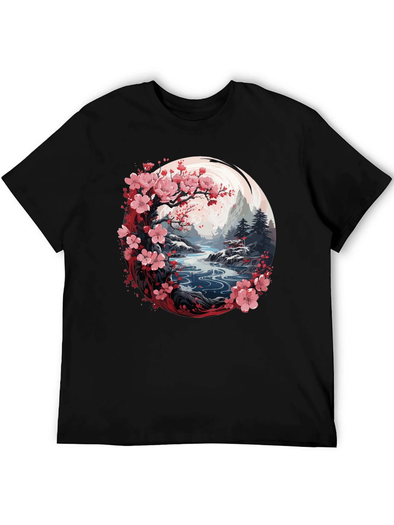 Camiseta Negra Diseño Floral Japonés