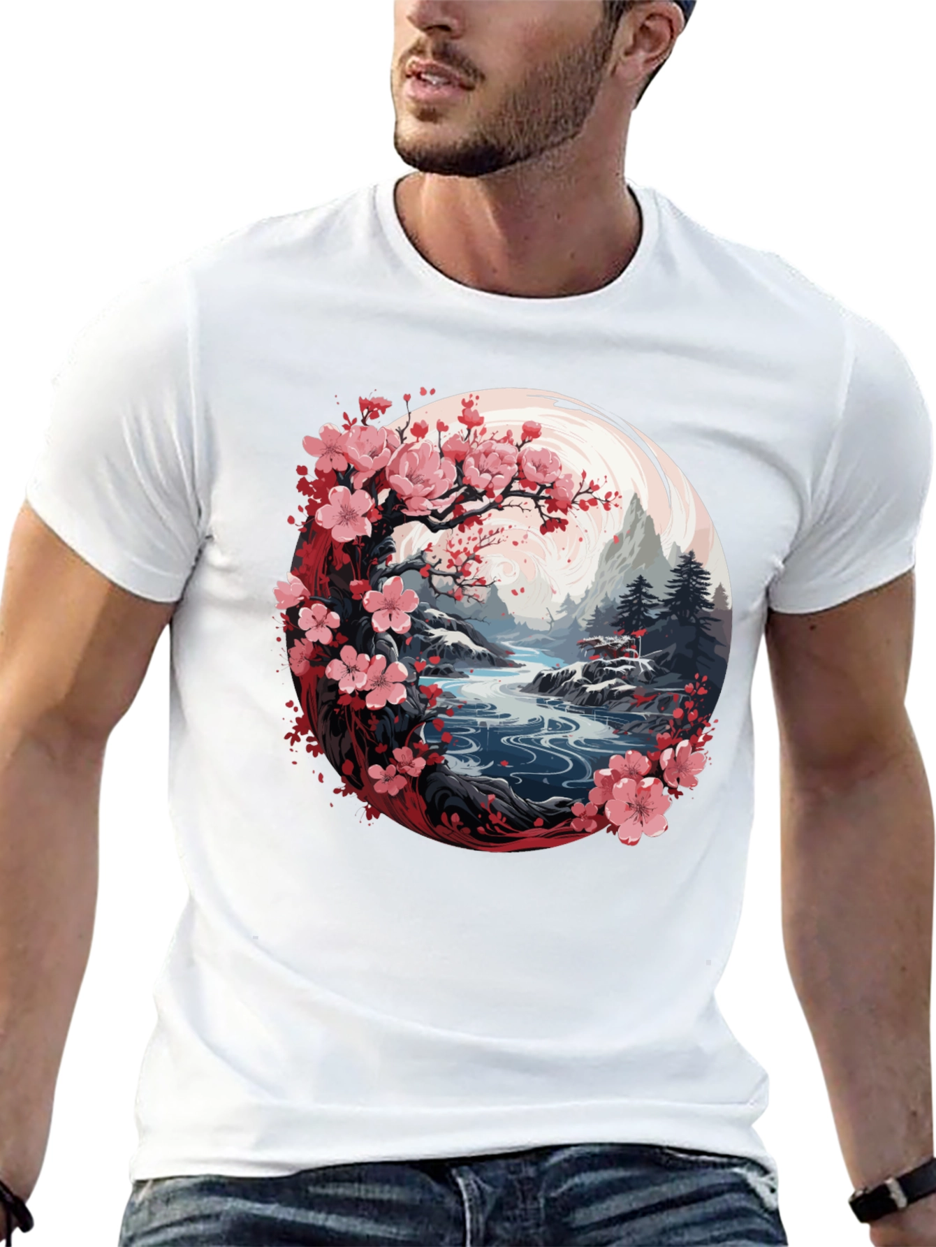 Camiseta Negra Diseño Floral Japonés