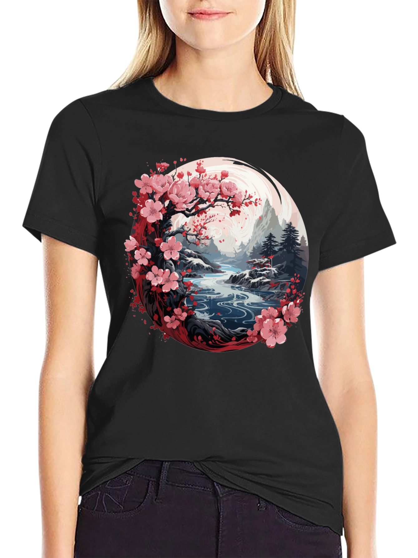 Camiseta Negra Diseño Floral Japonés