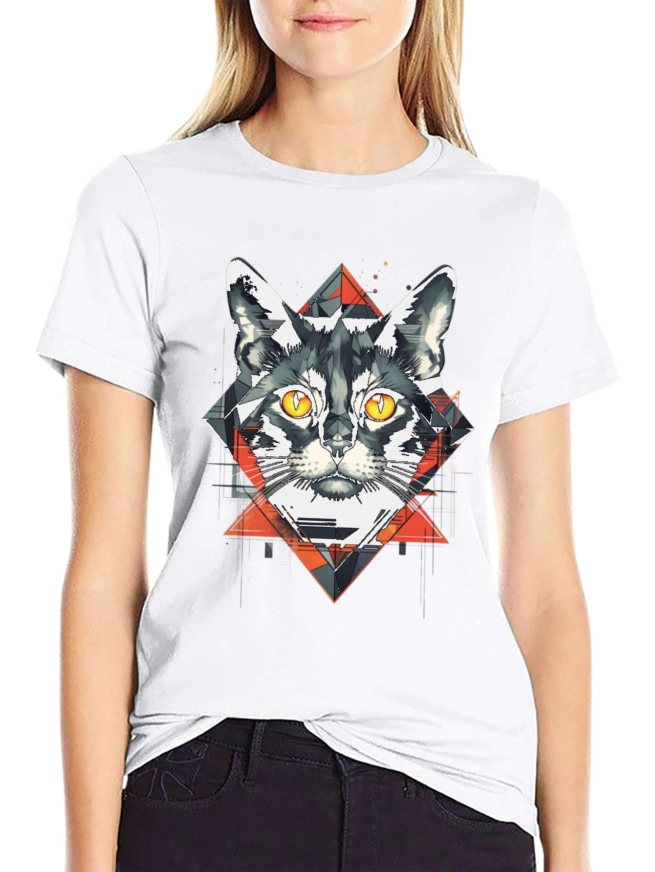 Camiseta Negra con Diseño de Gato Geométrico