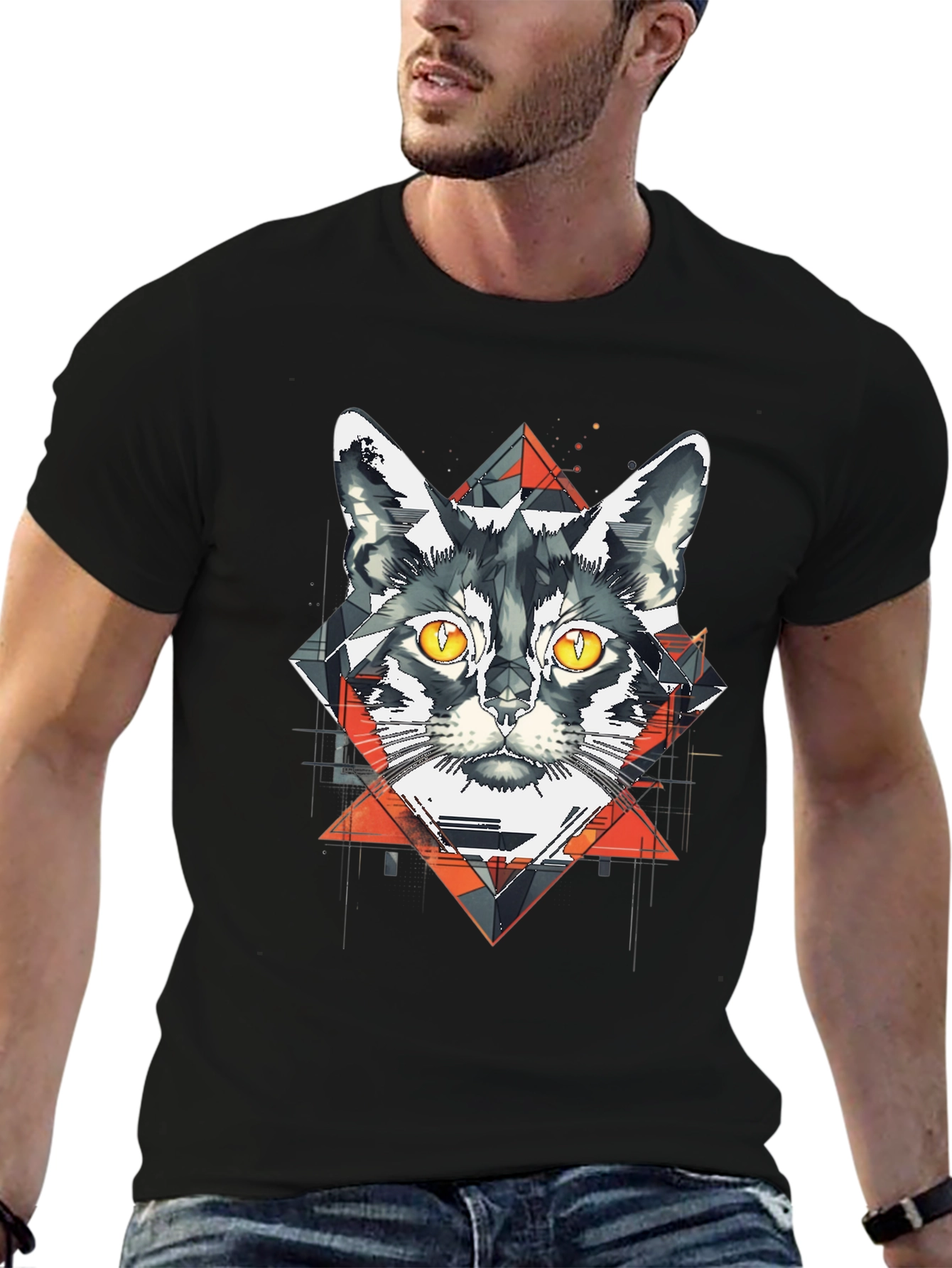 Camiseta Negra con Diseño de Gato Geométrico