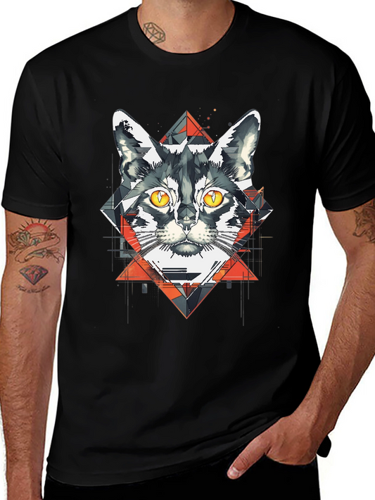 Camiseta Negra con Diseño de Gato Geométrico