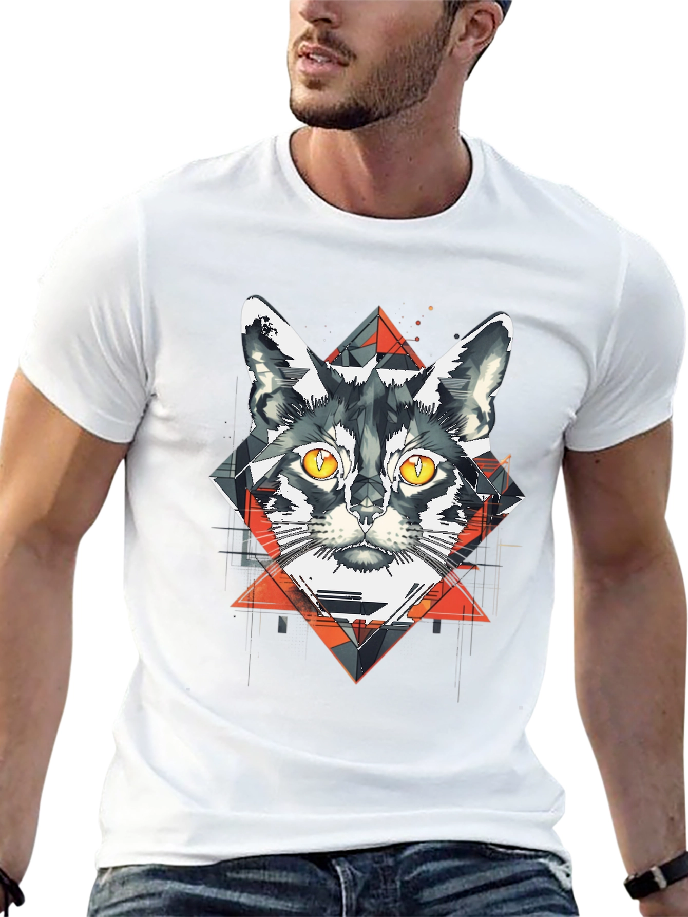 Camiseta Negra con Diseño de Gato Geométrico