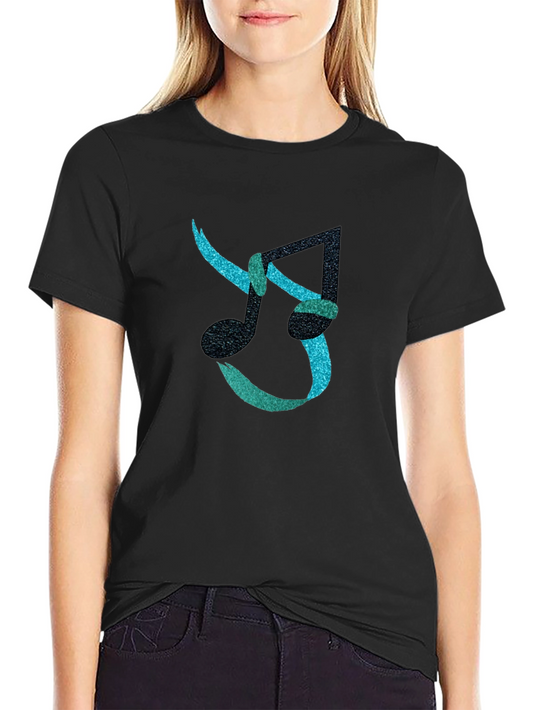Camiseta Negra con Diseño de Notas Musicales Brillantes