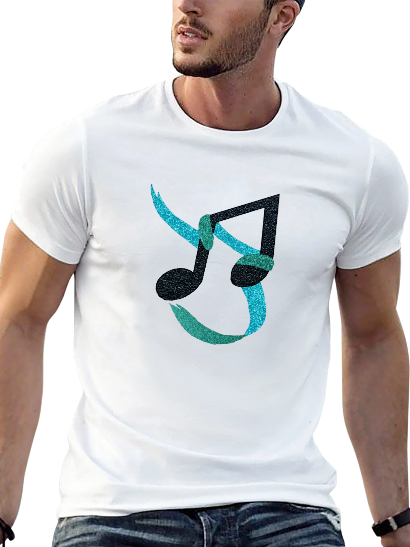 Camiseta Negra con Diseño de Notas Musicales Brillantes