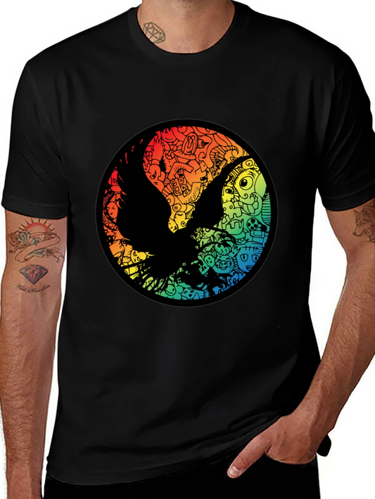 Camiseta Negra con Diseño Circular de Ave Colorida