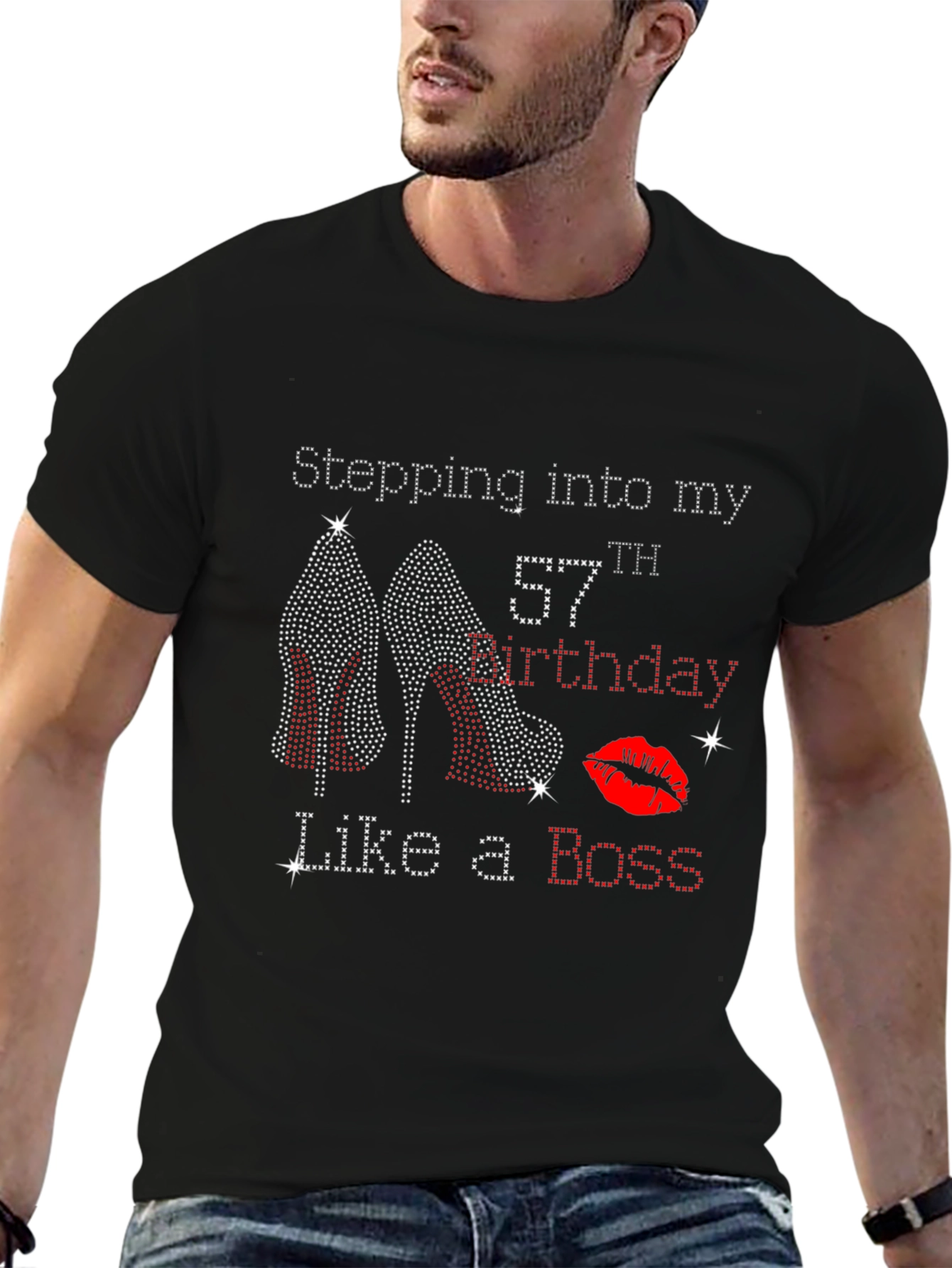 Camiseta Negra de Cumpleaños #57 con Diseño de Tacones