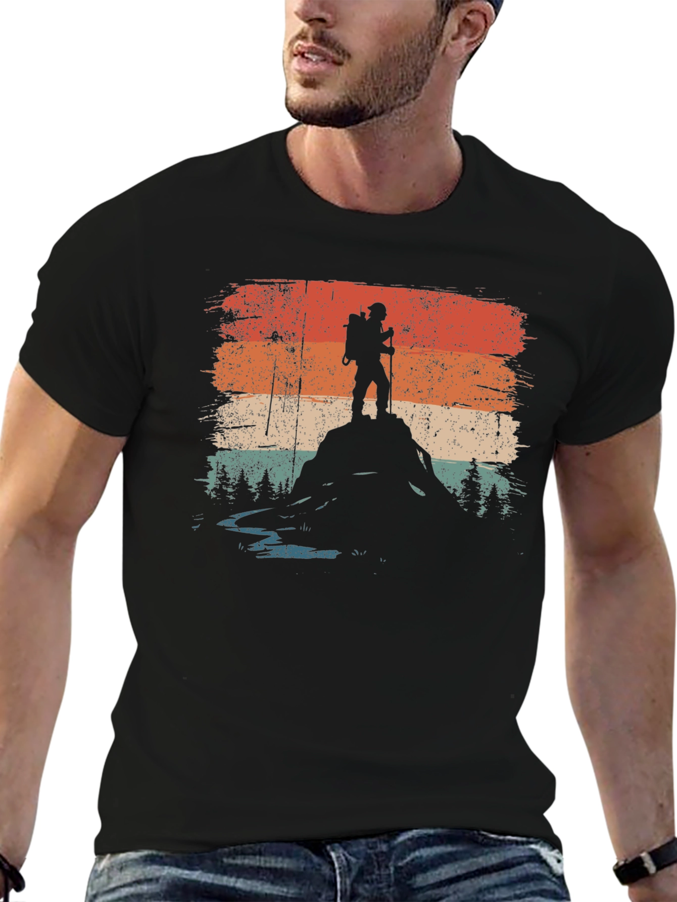 Camiseta Negra Gráfico Retro Montañista Aventura