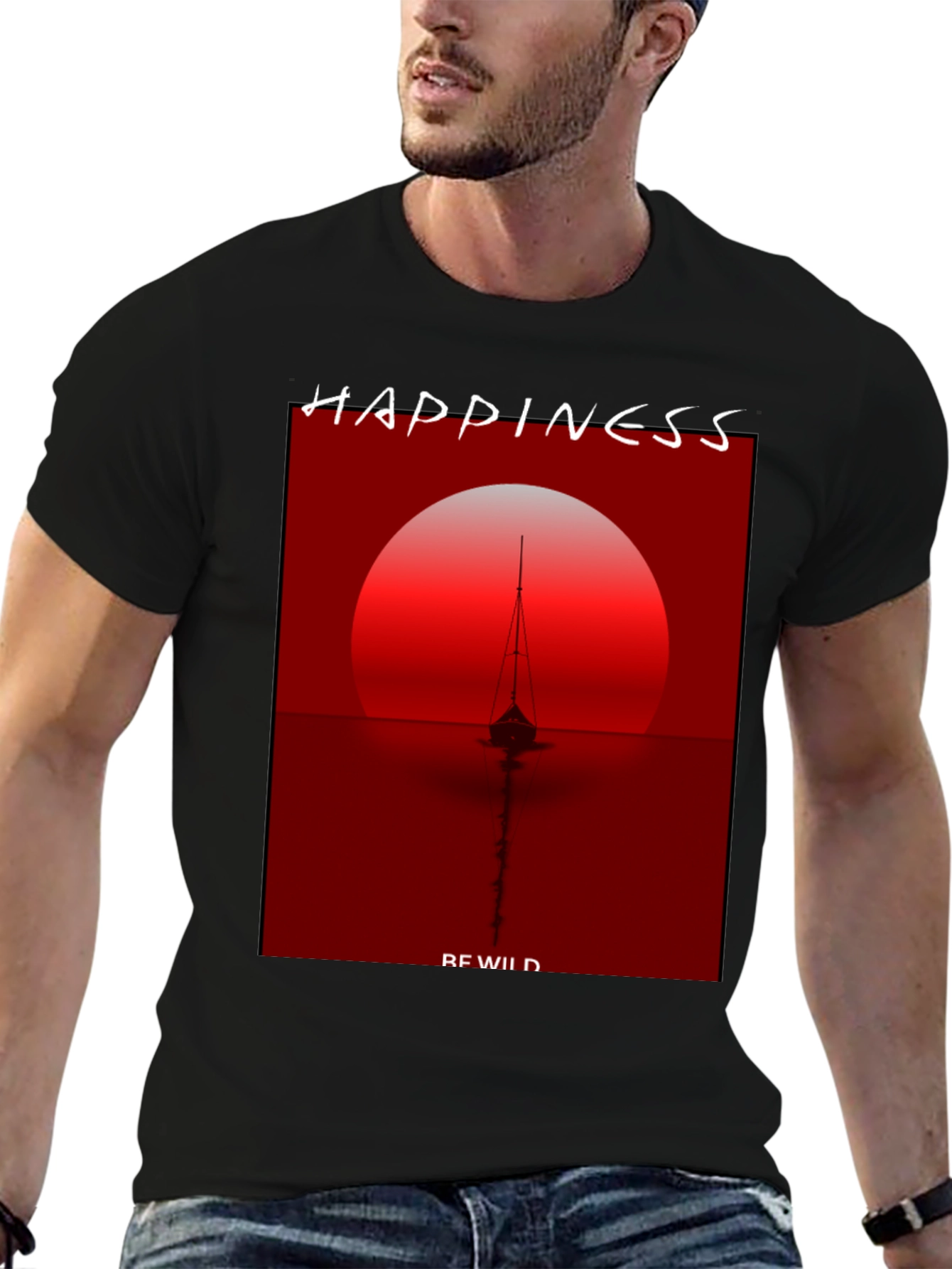 Camiseta Negra con Diseño de Atardecer y Barco