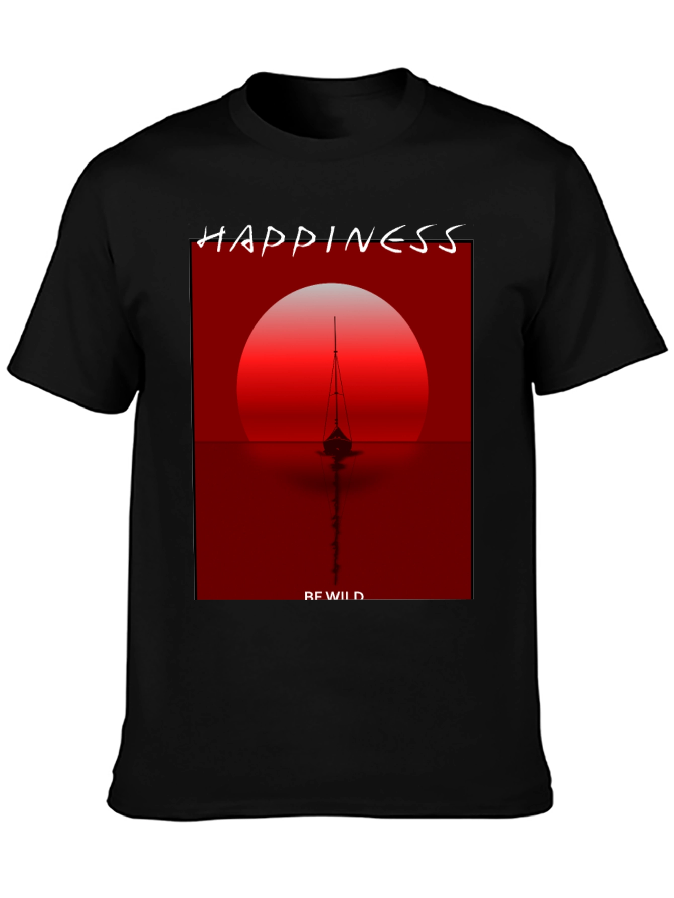 Camiseta Negra con Diseño de Atardecer y Barco