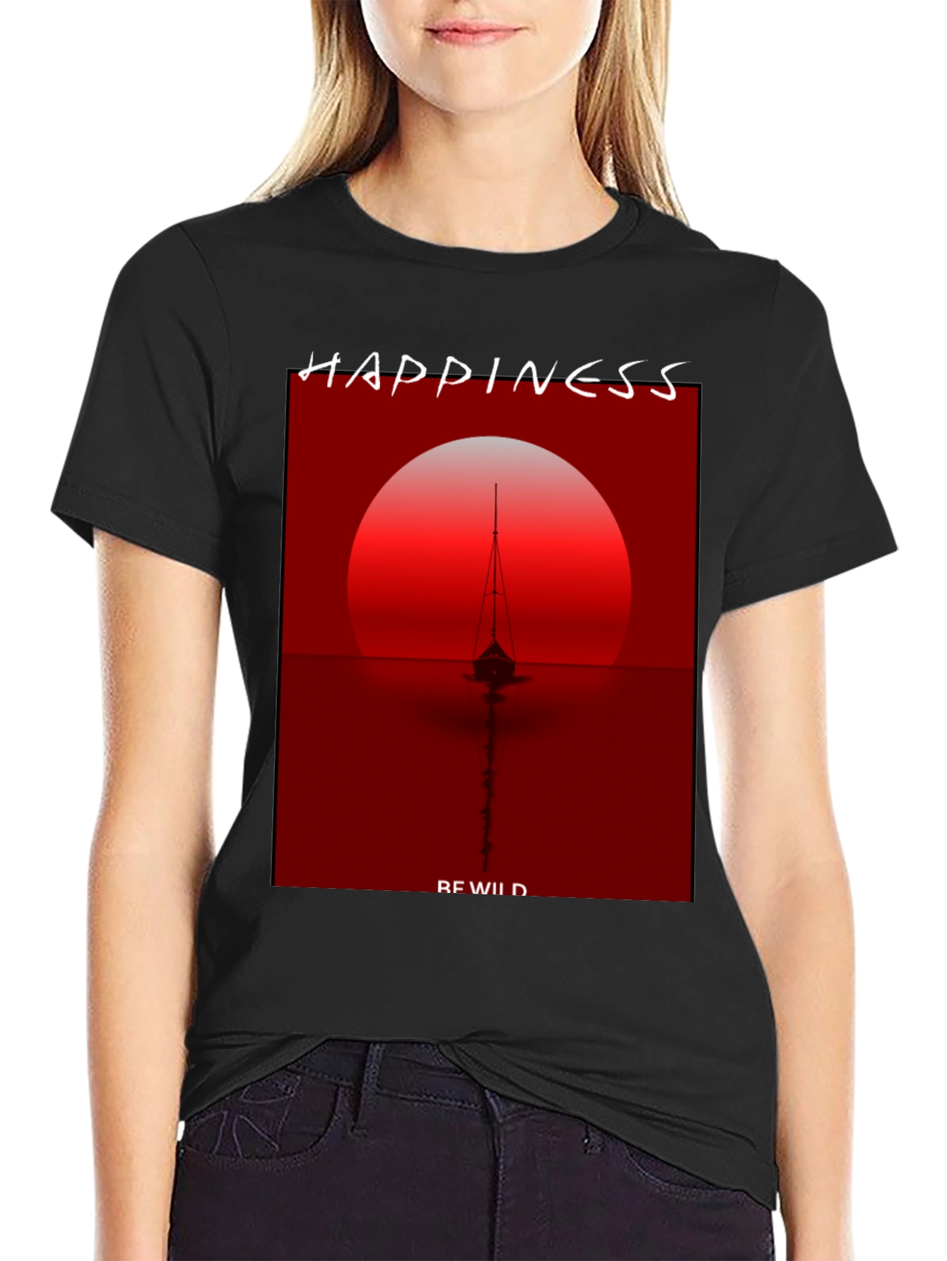 Camiseta Negra con Diseño de Atardecer y Barco